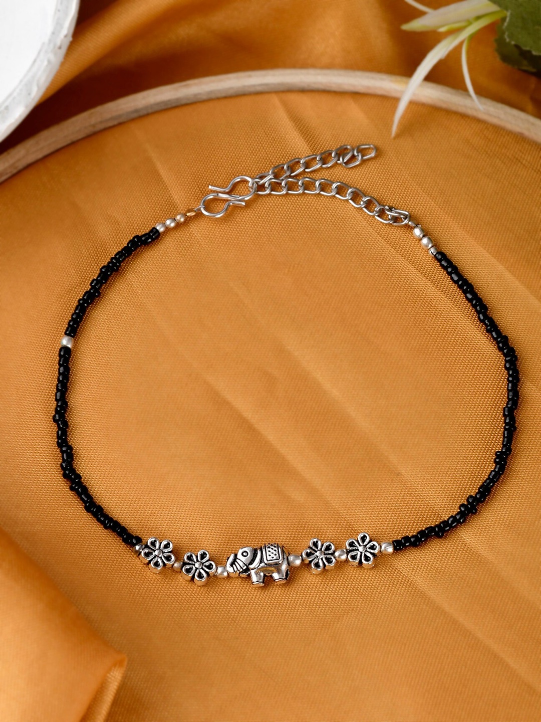 

Silvermerc Designs Silver-Plated Oxidised Black Beaded Elephant Anklet