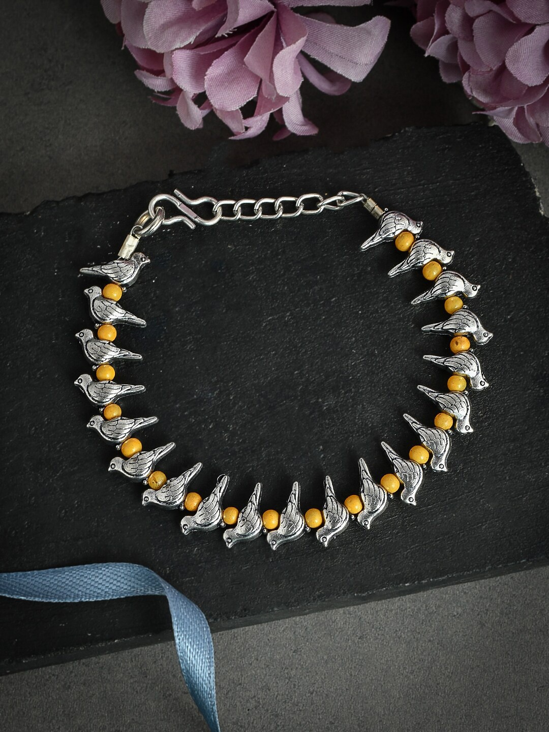

Silvermerc Designs Silver-Plated Yellow Beaded Bird Boho Anklet