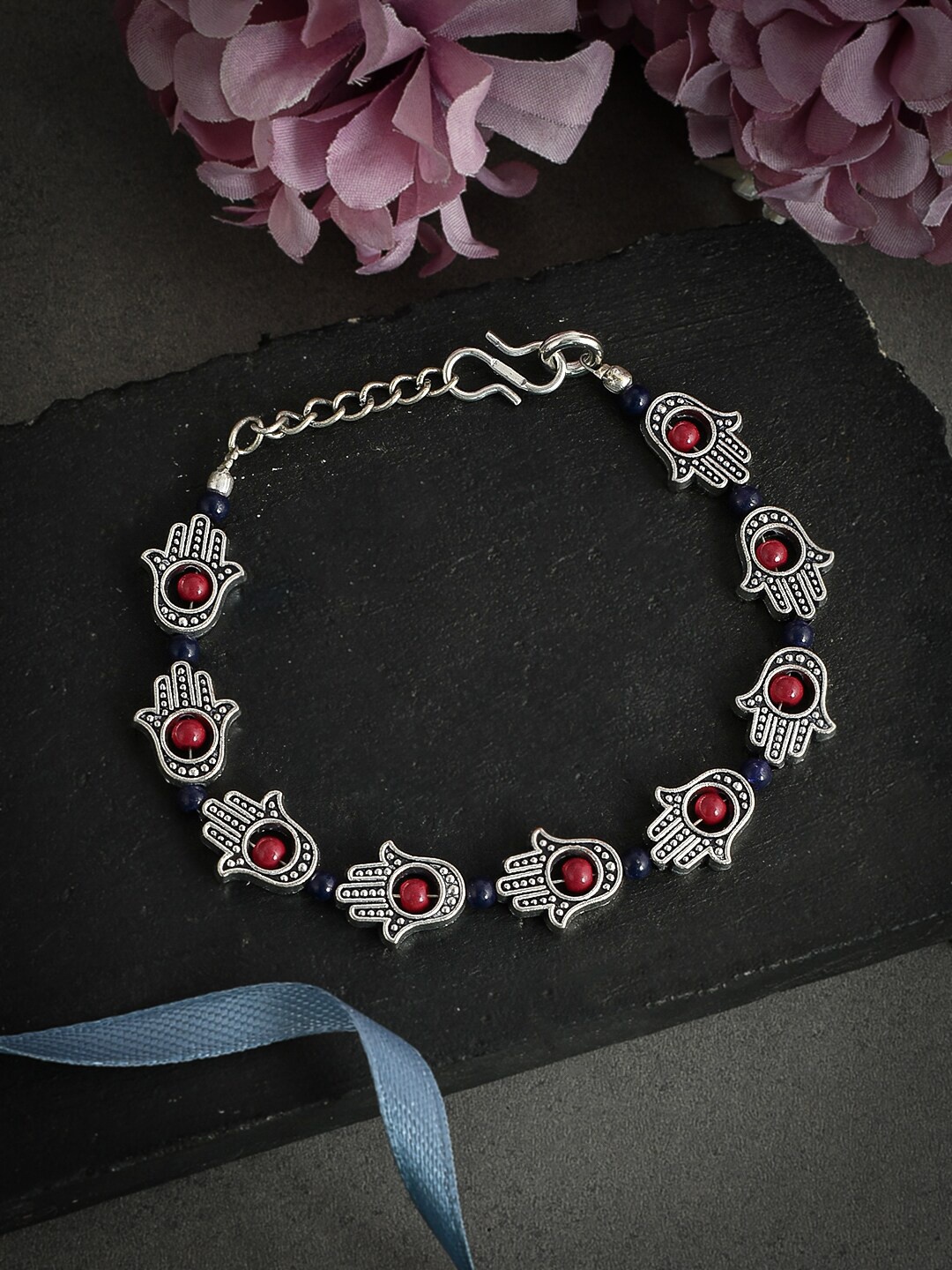 

Silvermerc Designs Silver-Plated & Red Hamsa Designed Anklet