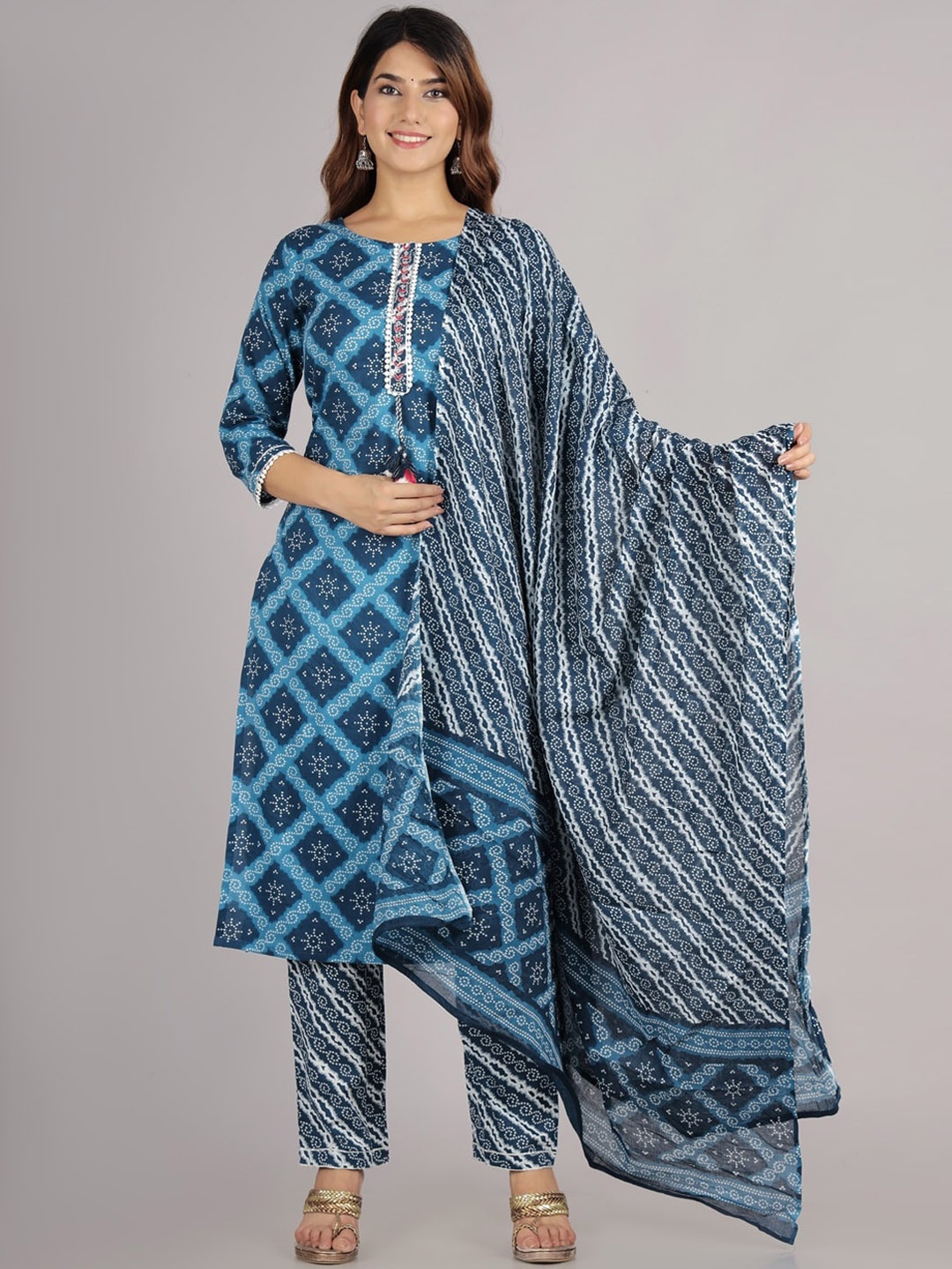 

Sangria Women Blue Ethnic Motifs Printed Pure Cotton Kurta with Trousers & With Dupatta