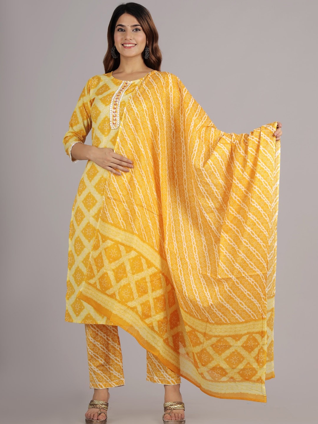 

Sangria Women Yellow Ethnic Motifs Printed Thread Work Pure Cotton Kurta with Trousers & With Dupatta