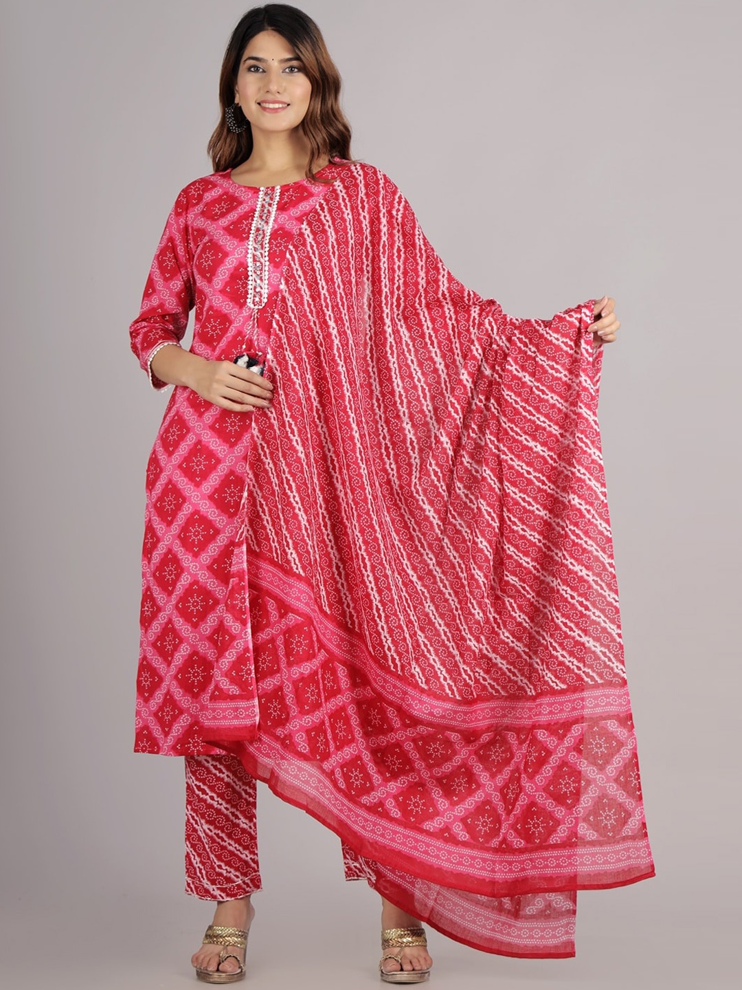 

Sangria Women Pink Ethnic Motifs Printed Pure Cotton Kurta with Trousers & With Dupatta