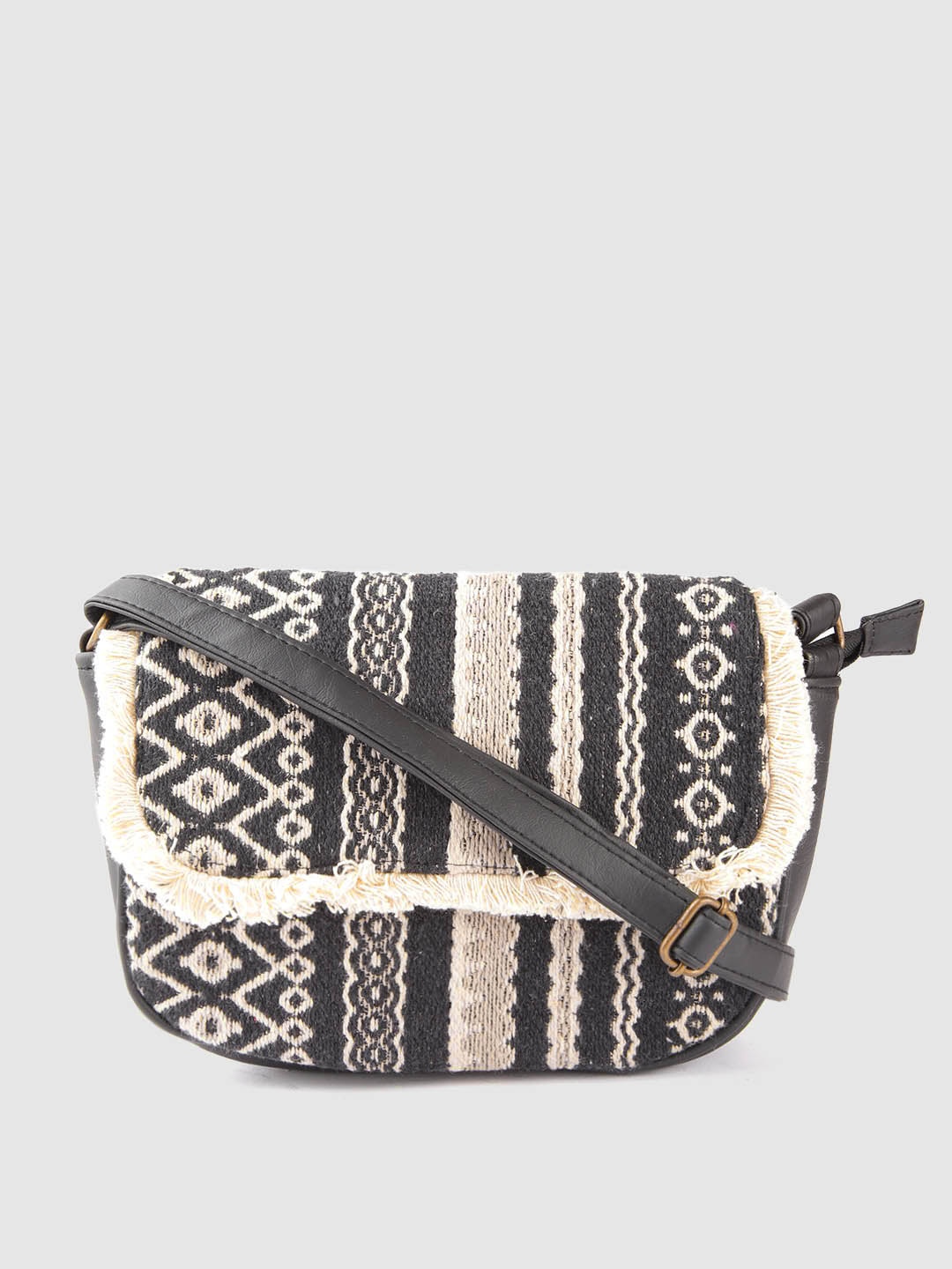 

Anouk Black & Off White Striped & Ethnic Motif Print Structured Sling Bag