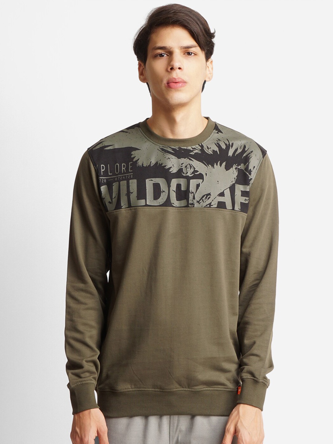 

Wildcraft Men Olive Green Printed Cotton Sweatshirt