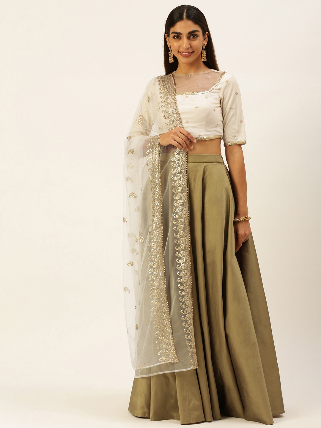 

Ethnovog Beige White Embellished Sequinned Made to Measure Lehenga Blouse With Dupatta