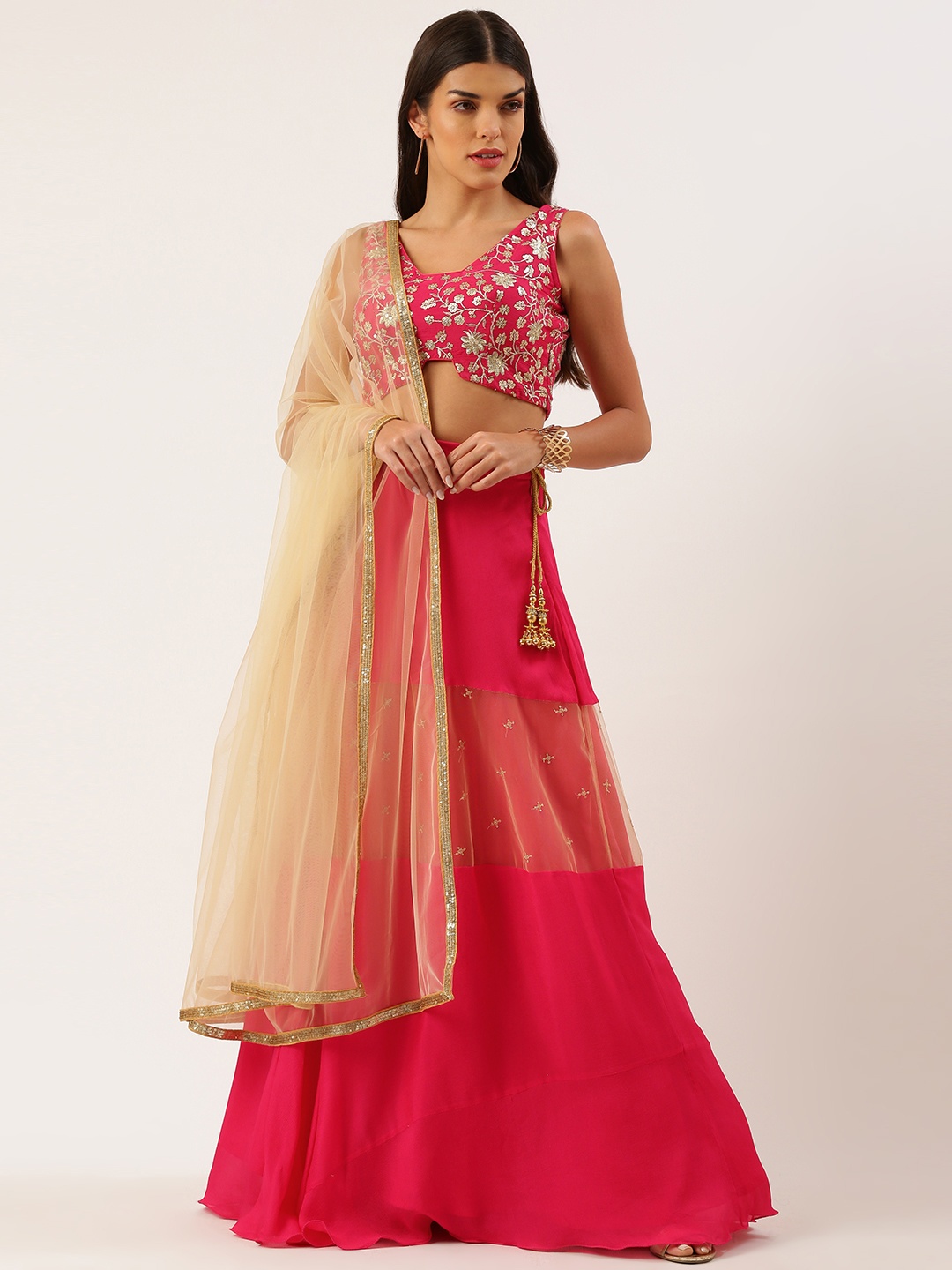 

Ethnovog Pink Sequinned Ready to Wear Lehenga Blouse With Dupatta Potli Bag