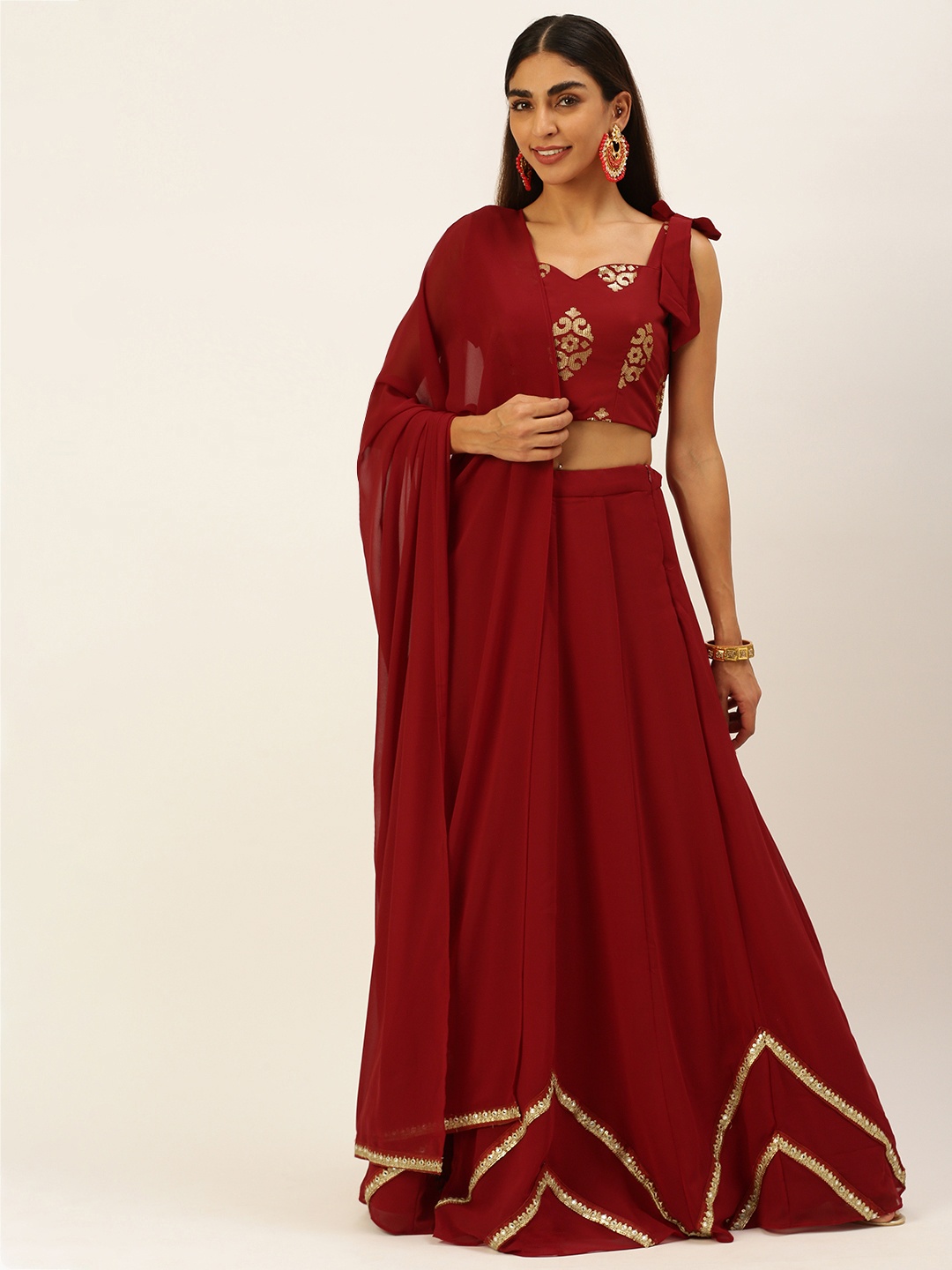 

Ethnovog Maroon Embellished Sequinned Made to Measure Lehenga Blouse With Dupatta