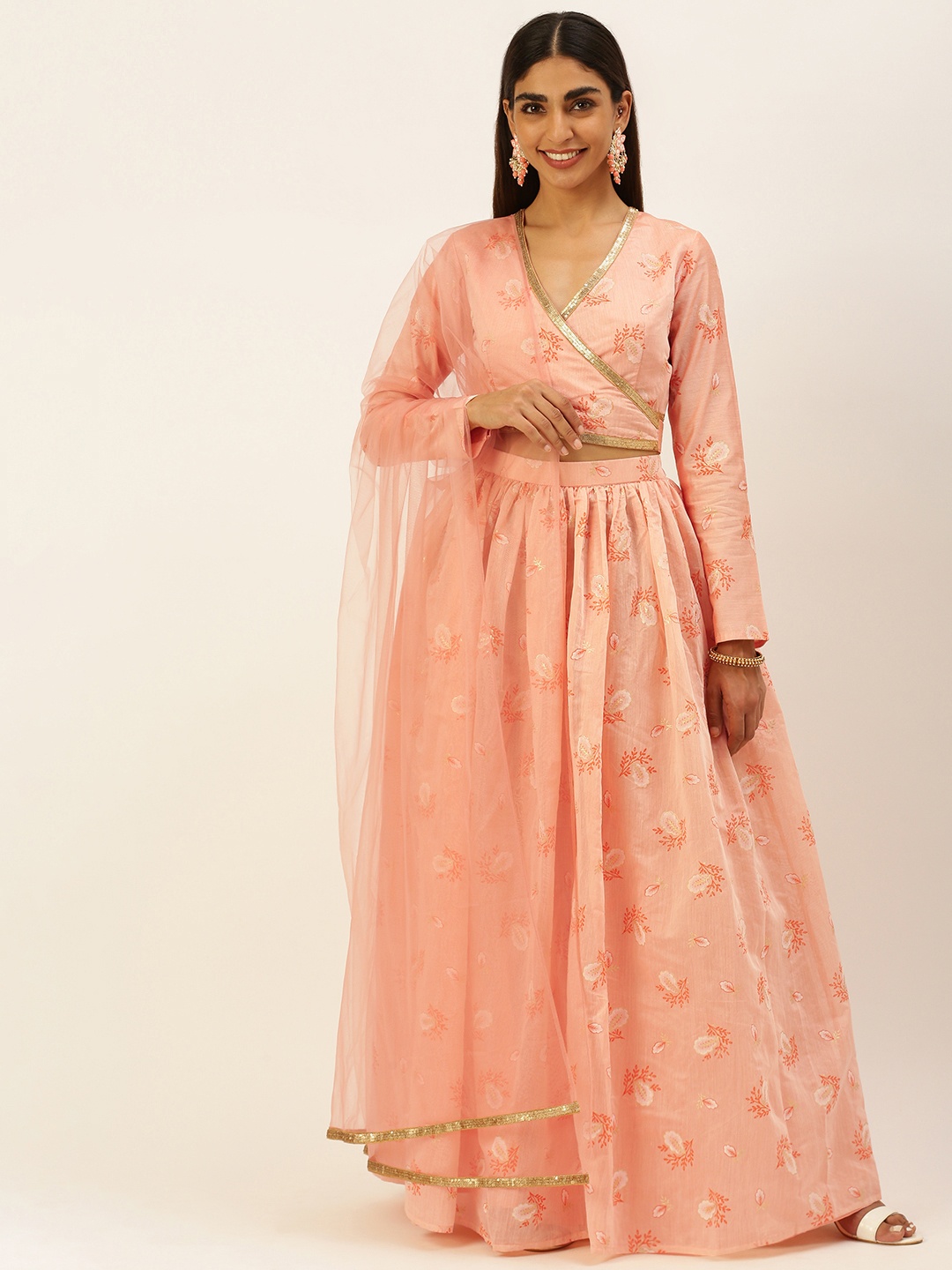 

Ethnovog Sequinned Ready to Wear Lehenga Blouse With Dupatta, Peach