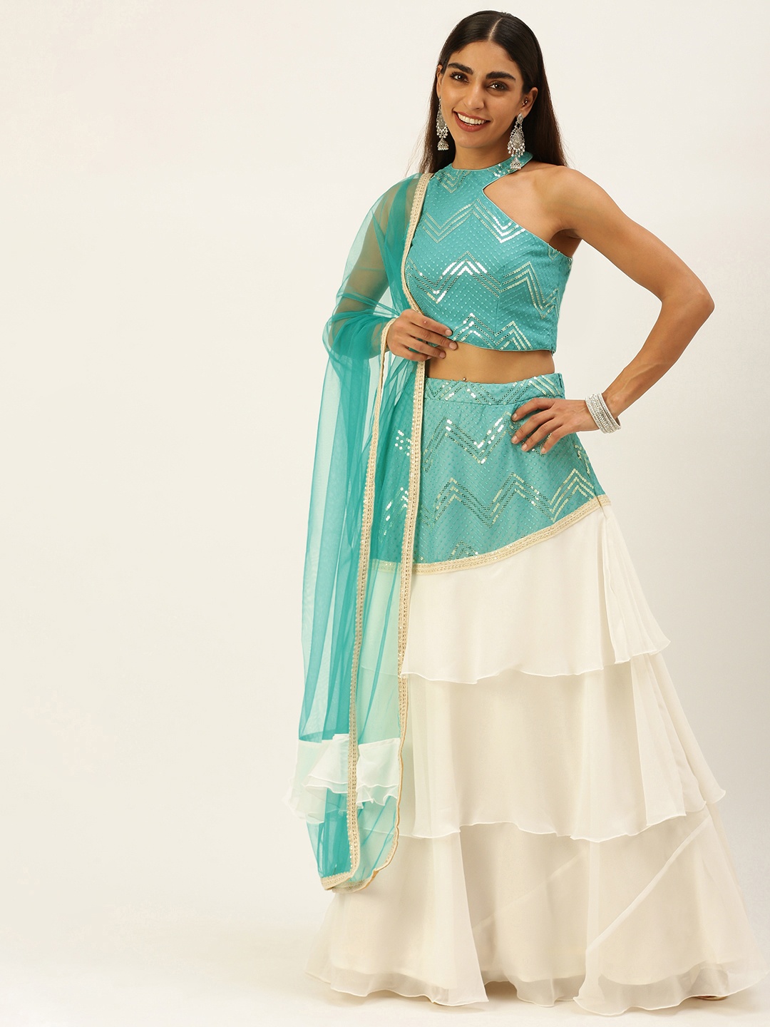 

Ethnovog Green White Embellished Sequinned Made to Measure Lehenga Blouse With Dupatta