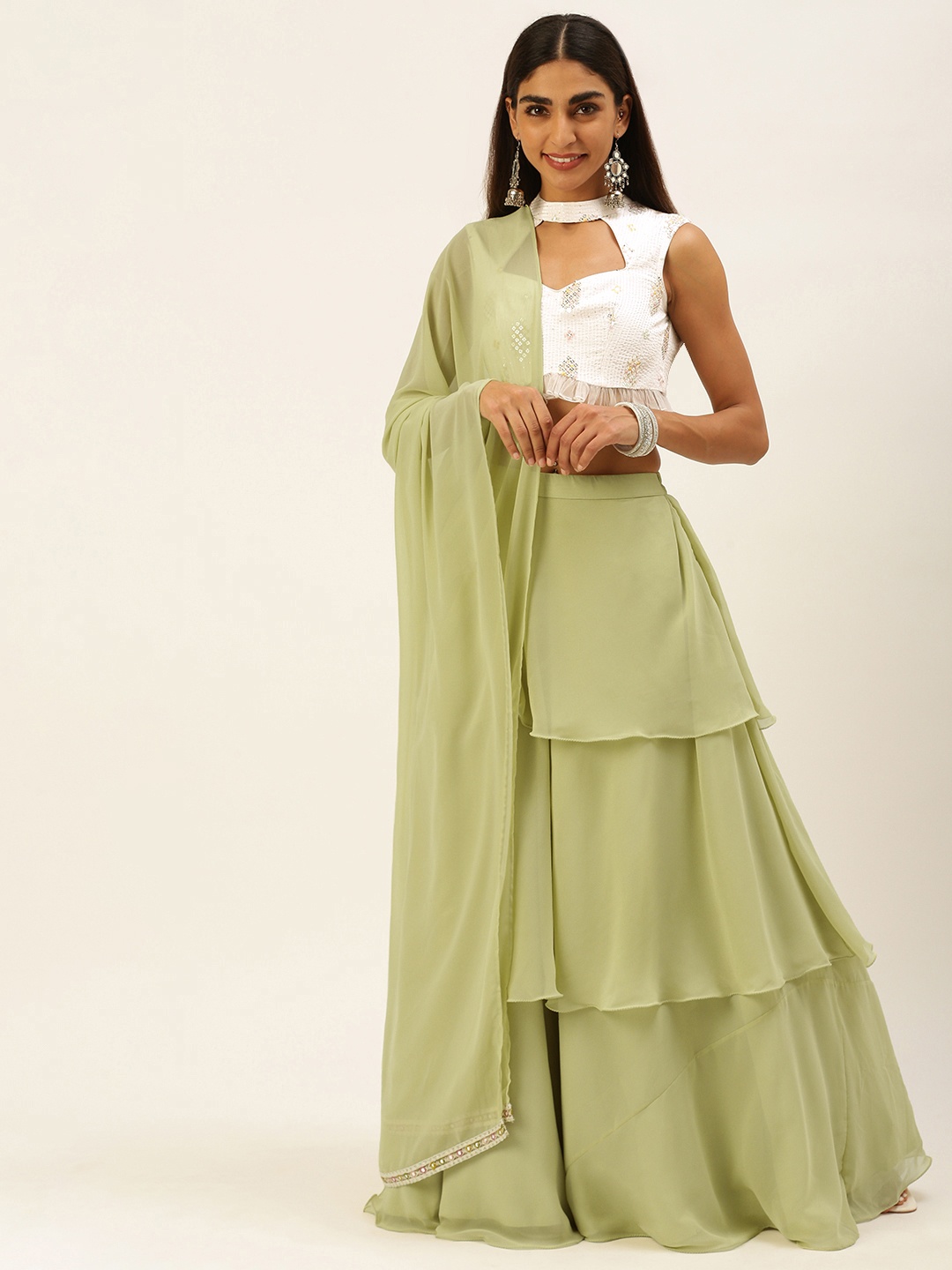 

Ethnovog White Green Sequinned Ready to Wear Lehenga Blouse With Dupatta