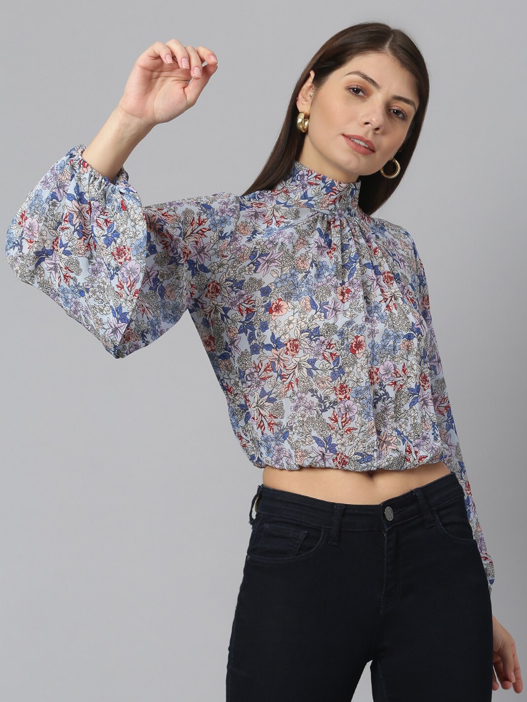 Cation Women Blue & Brown Floral Print Tie-Up Neck Georgette Blouson Top