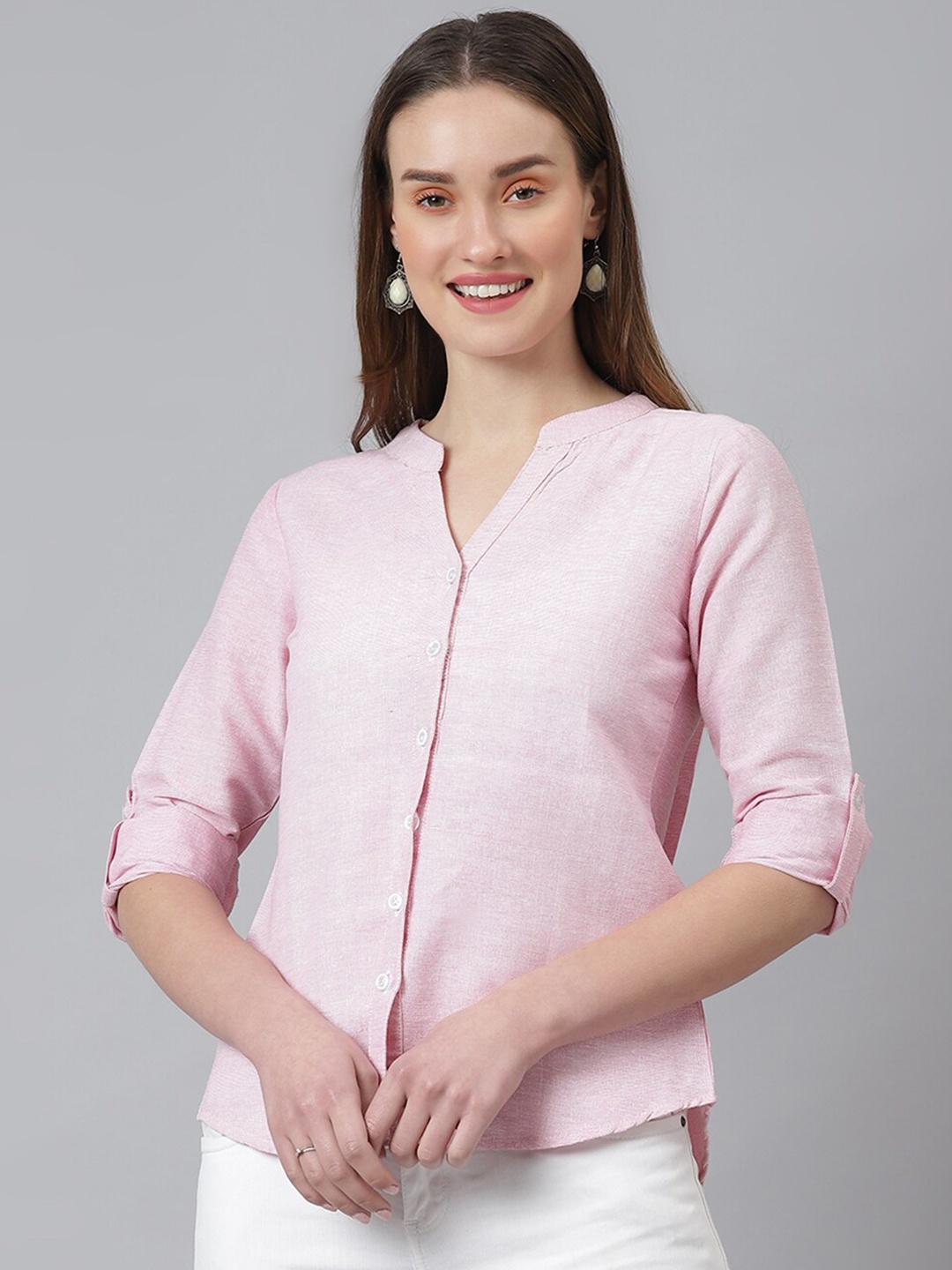 

Cation Women Pink Solid Cotton Casual Shirt