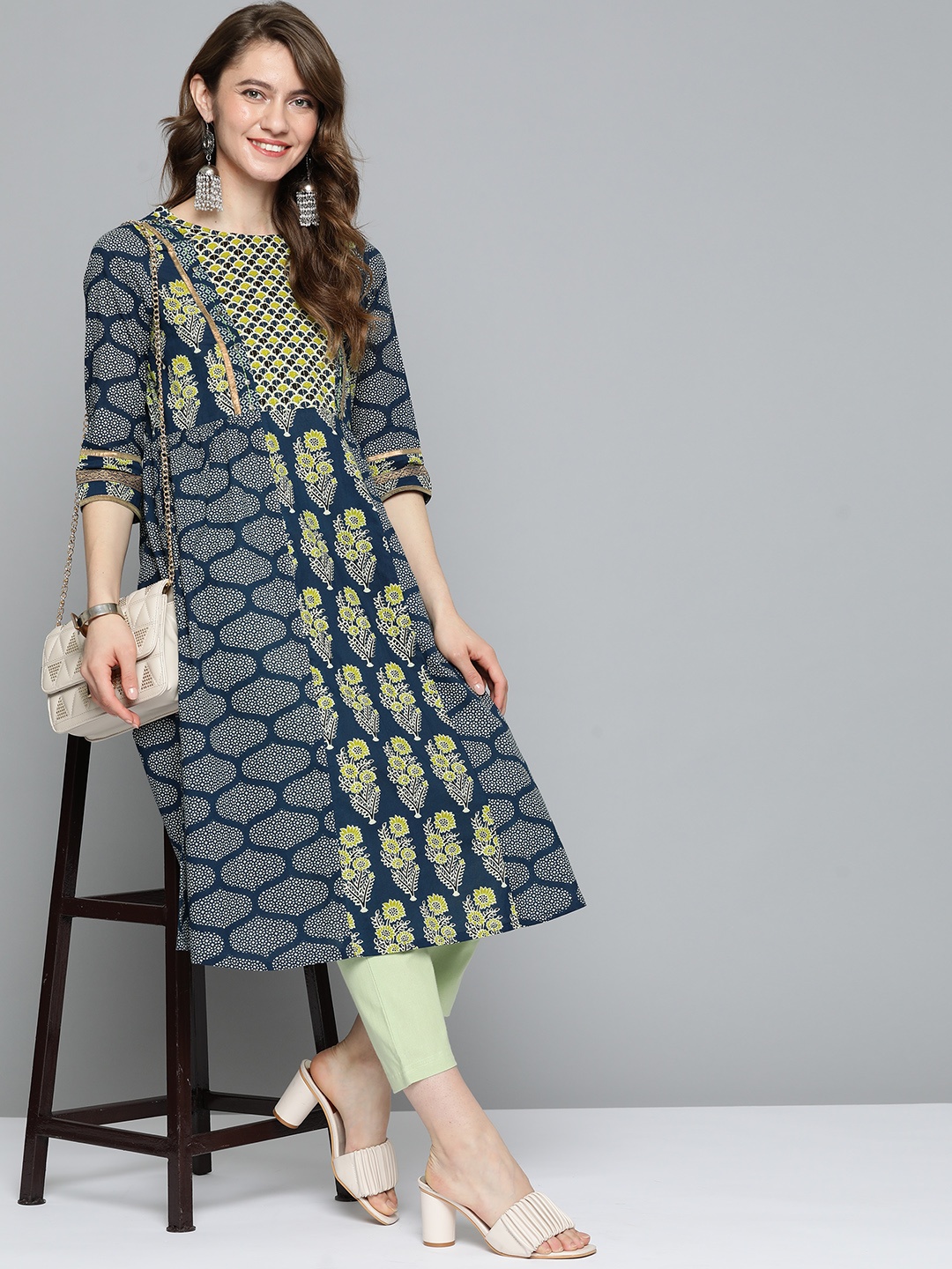 

HERE&NOW Women Navy Blue & Green Ethnic Motifs Printed Handwork Pure Cotton A-Line Kurta