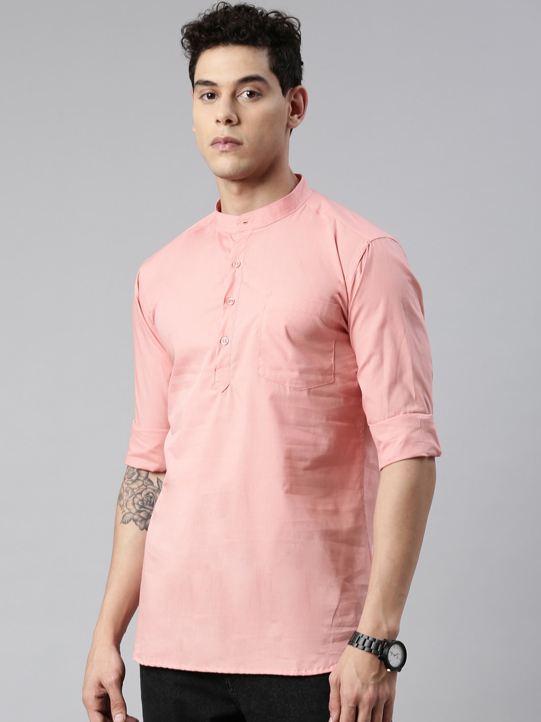 

Kryptic Men Pink Solid Cotton Mandarin Collor Short kurta