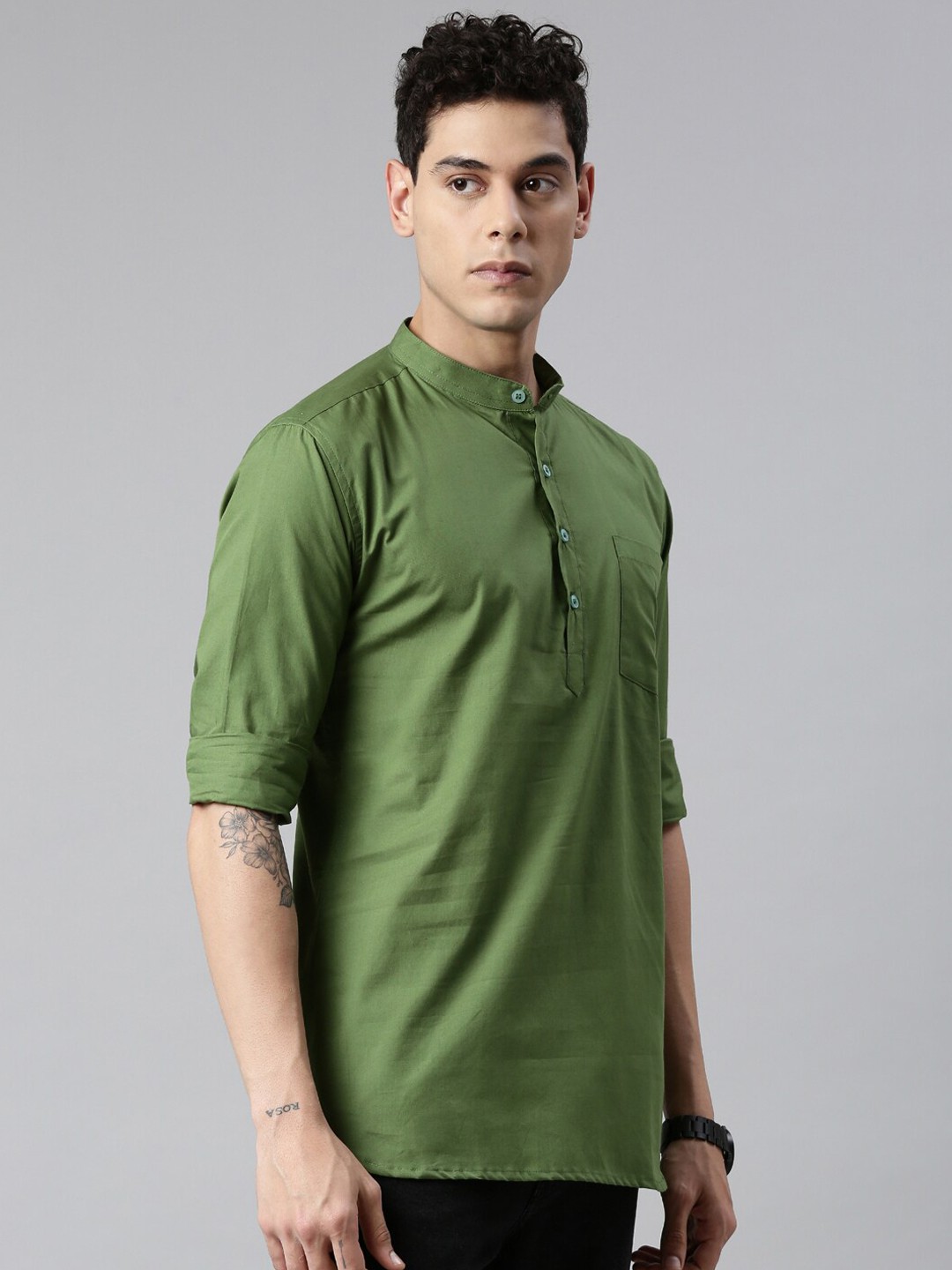 

Kryptic Men Olive Green Solid Cotton Short Kurta