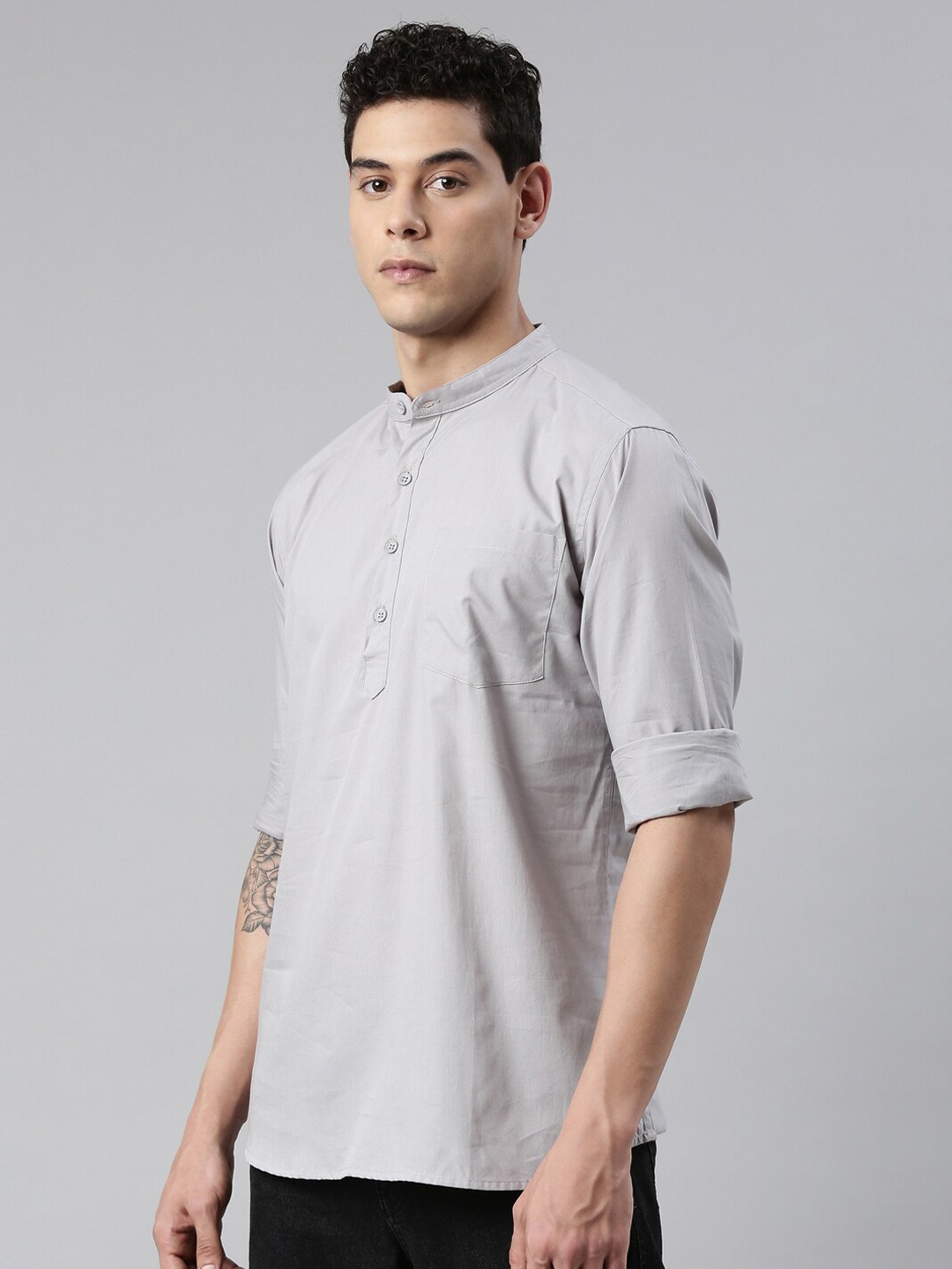 

Kryptic Men Grey Solid Cotton Short Kurta