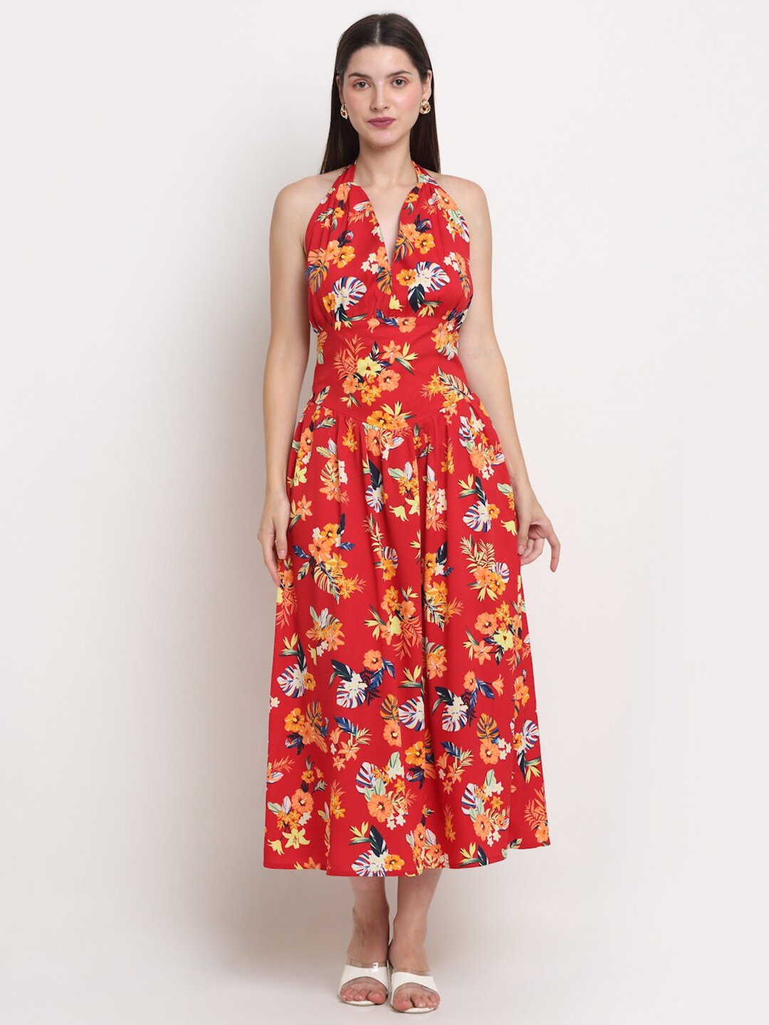 

SiaVira Red & Yellow Floral Midi Dress
