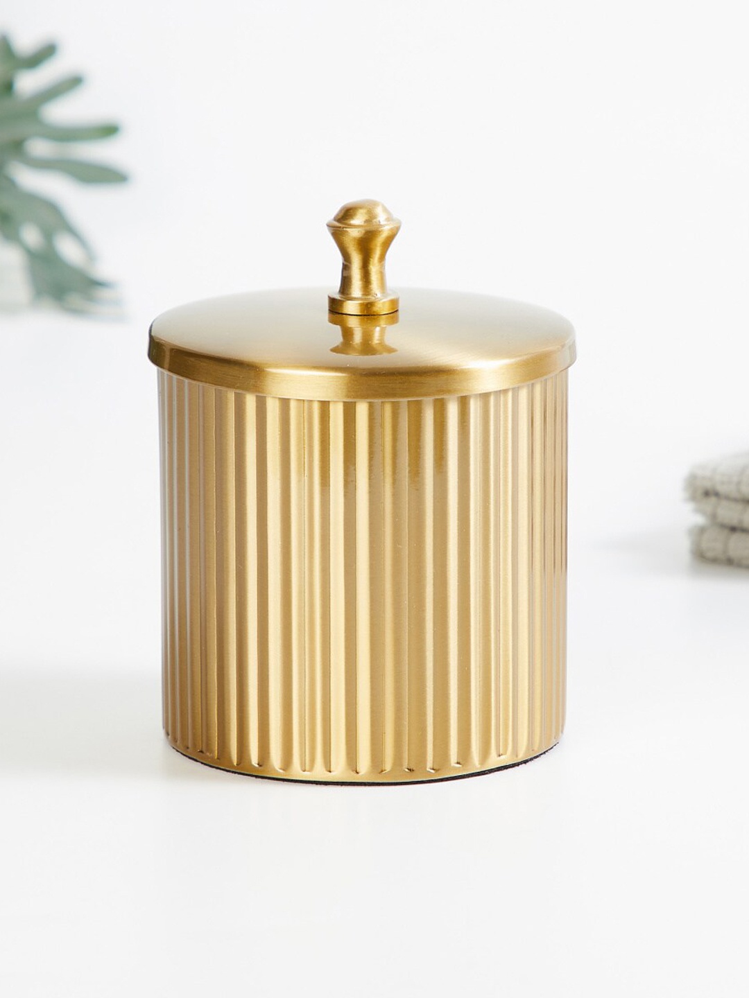 

Home Centre Gold-Toned Textured Stainless Steel Cotton Box with Lid