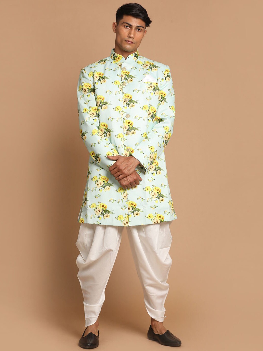 

VASTRAMAY Men Floral Printed Cotton Blend Sherwani Set, Green