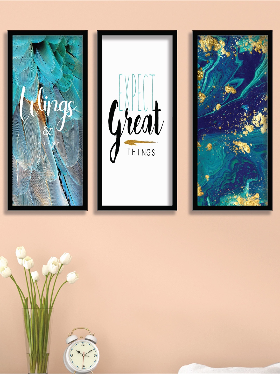 

SAF Set Of 3 Black & Blue Modern Art UV Textured Painting Wall Art