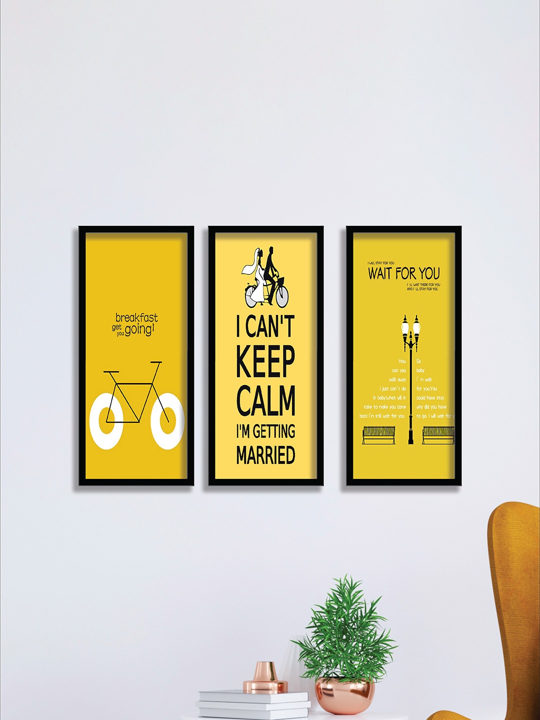 

SAF Set Of 3 Black & Yellow UV Textured Painting Wall Art