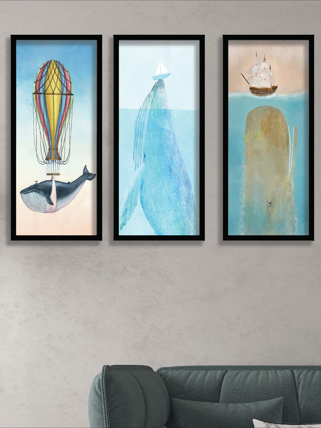 

SAF Set Of 3 Black & Blue Dolphin UV Textured Painting Wall Art