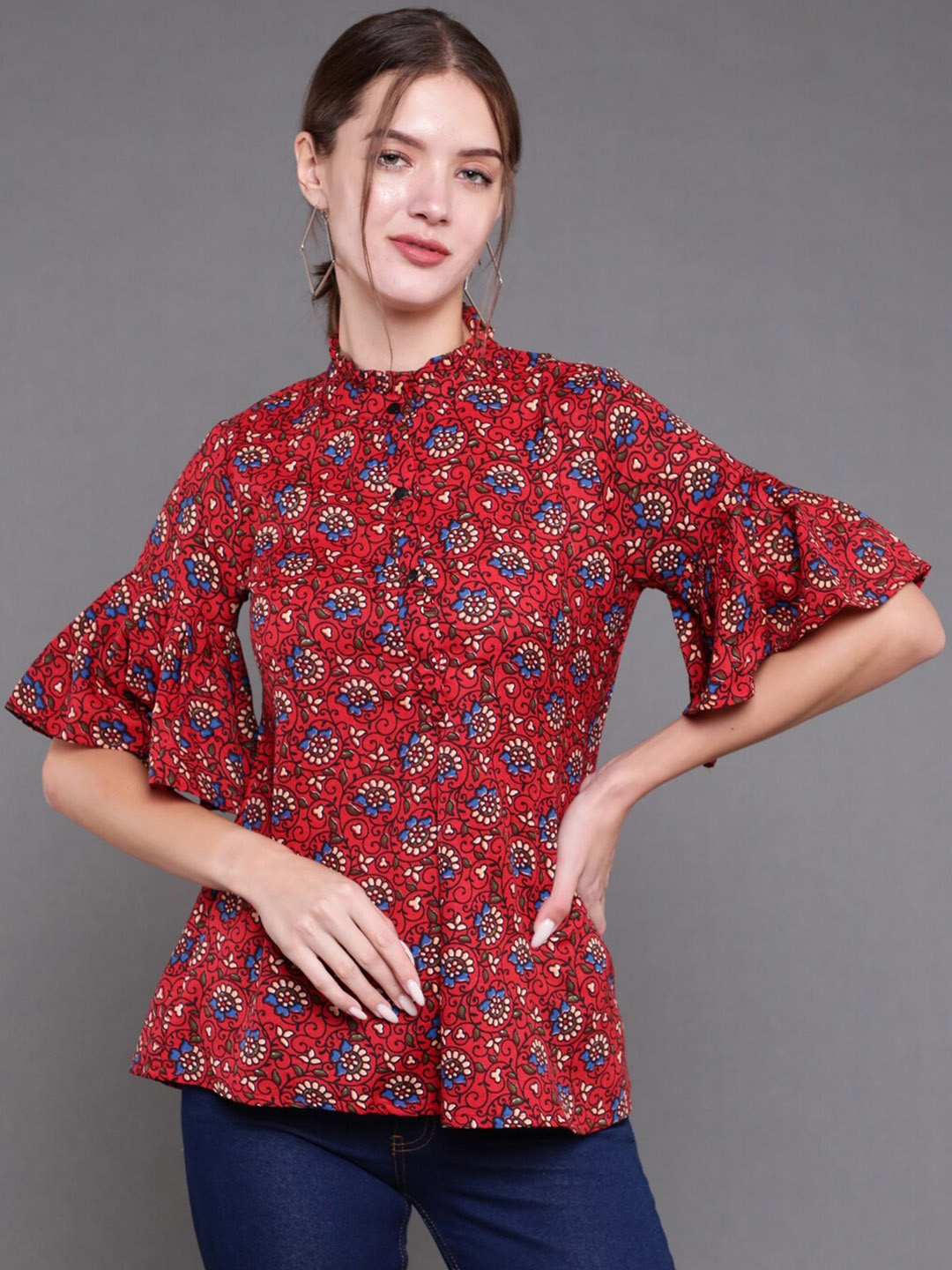 

antaran Women Maroon High Neck Printed Pure Cotton Tunic