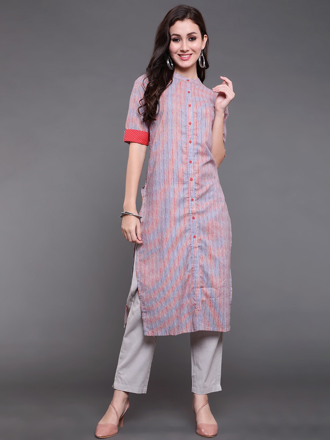 

antaran Women Red & Blue Striped Pure Cotton Kurta