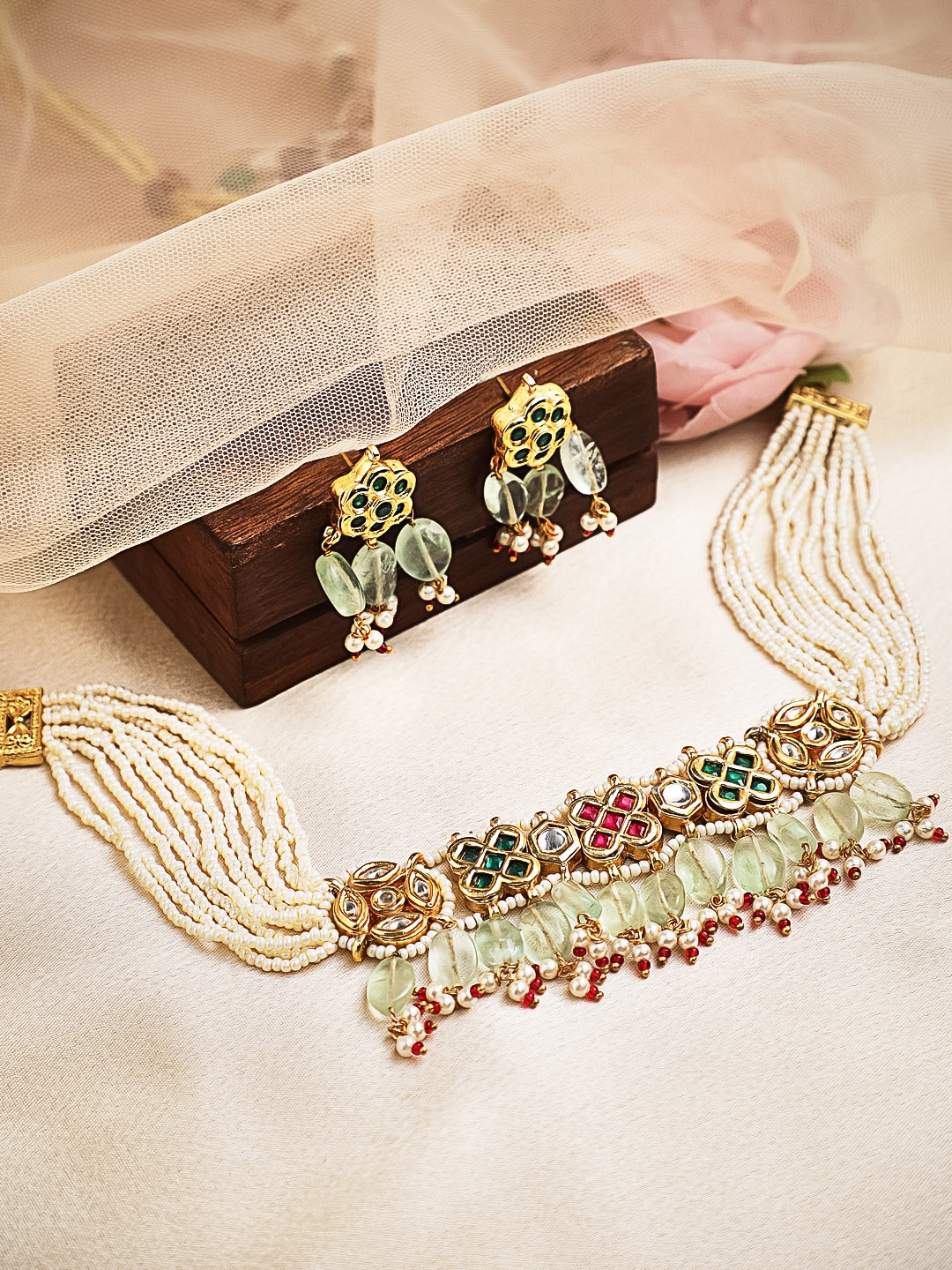 

Rubans 24K Gold-Plated White & Green Kundan Studded & Beaded Handcrafted Jewellery Set