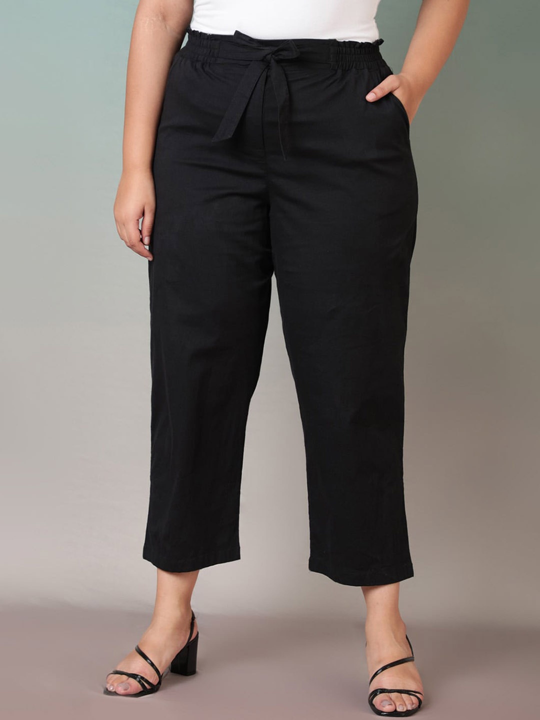 

Amydus Women Plus Size Black Solid Cotton High-Rise Trouser