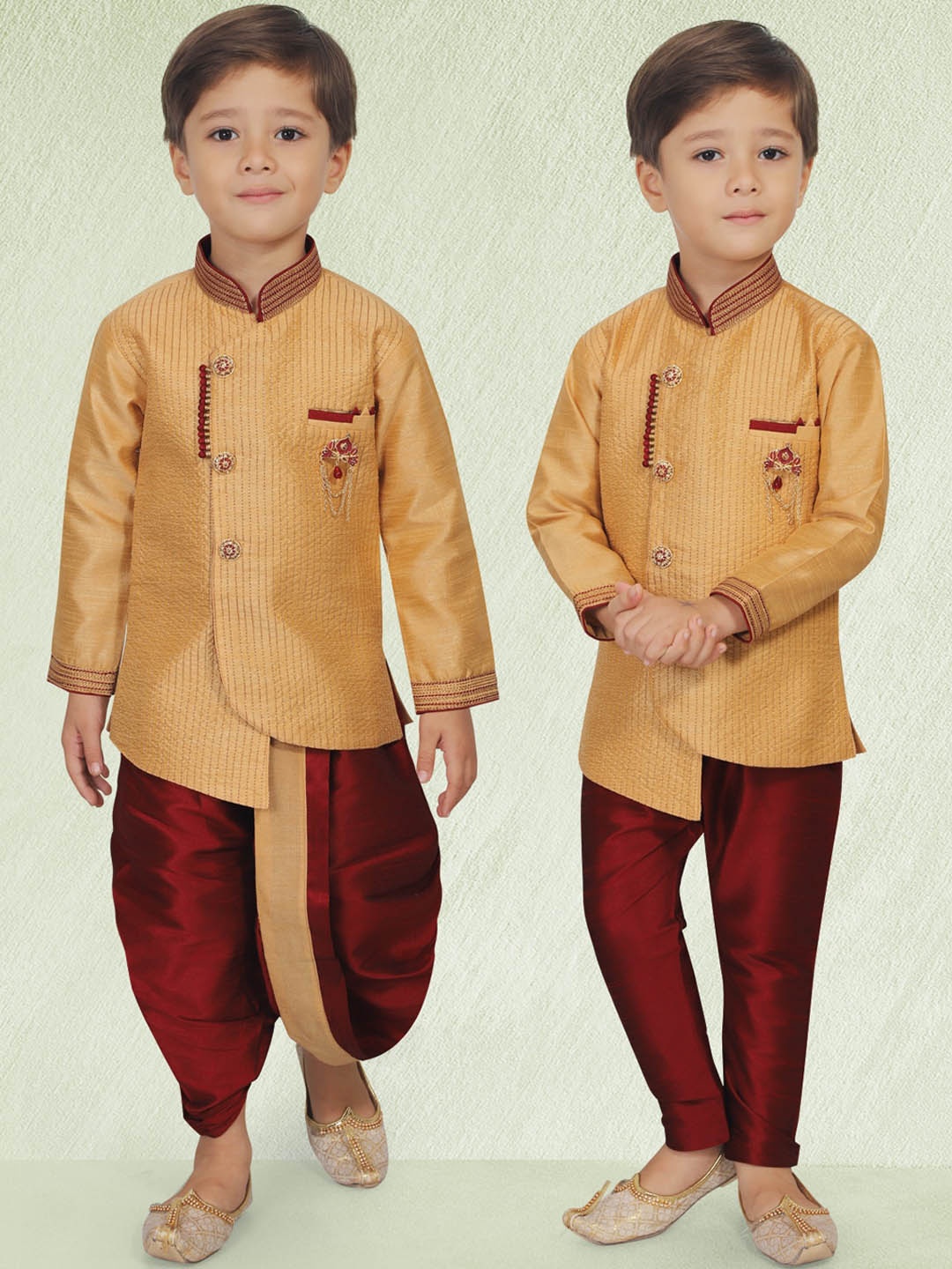 

KIDS FARM Boys Gold-Toned Striped Angrakha Kurta with Dhoti Pants