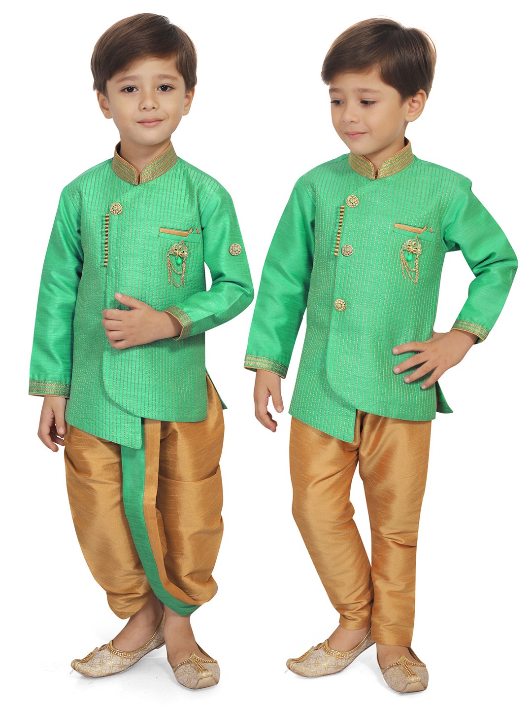 

KIDS FARM Boys Embroidered Silk Kurta with Pyjamas Combo Set, Green