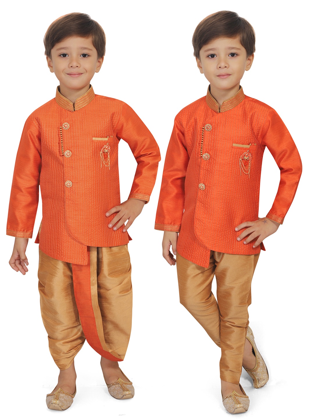 

KIDS FARM Boys Embroidered Kurti with Dhoti and Pyjama Combo Set, Orange