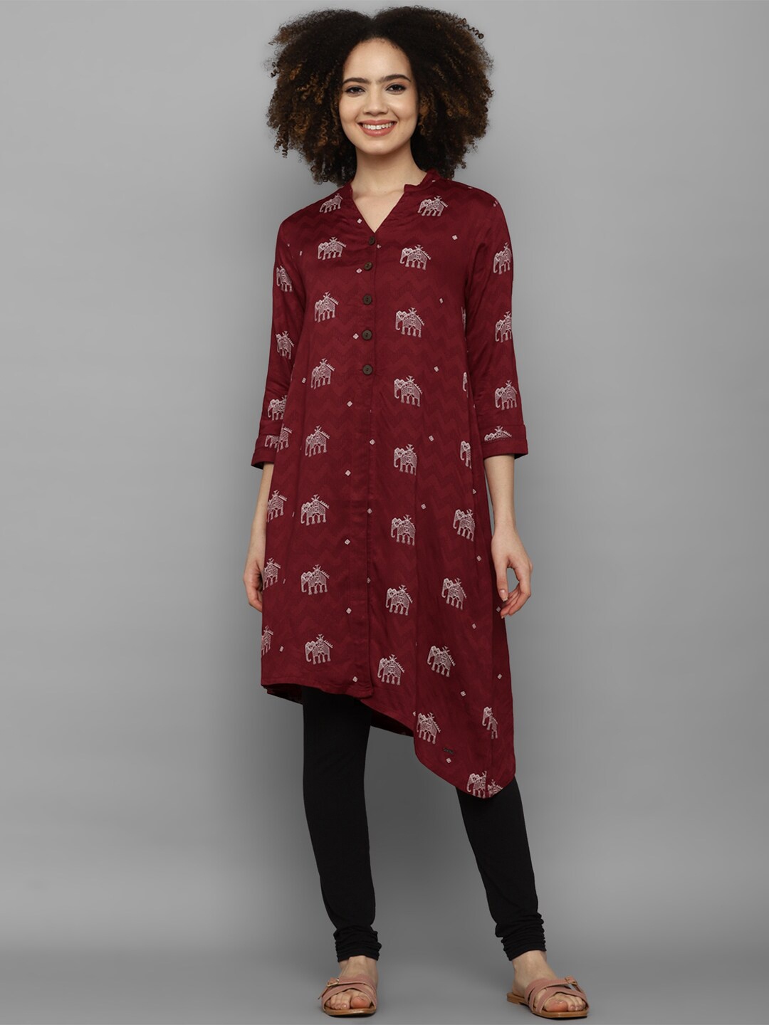 

Allen Solly Woman Pure Cotton Mandarin Collar Printed Tunic, Maroon