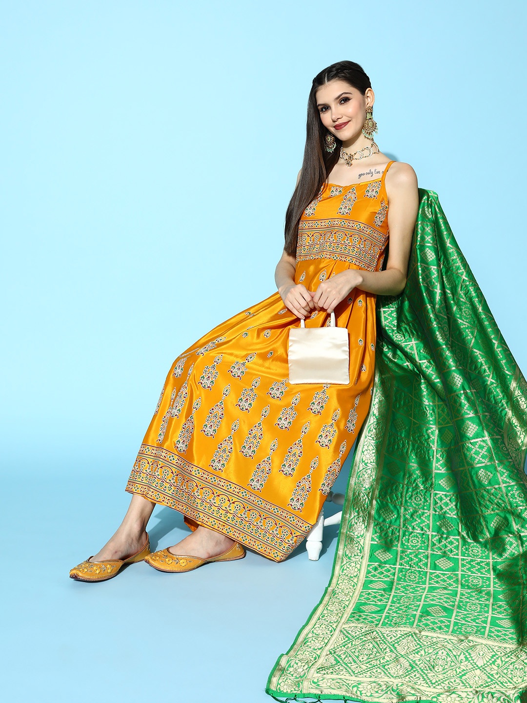 

InWeave Women Solid Silk Crepe Spaghetti Straps Kurta Set, Mustard