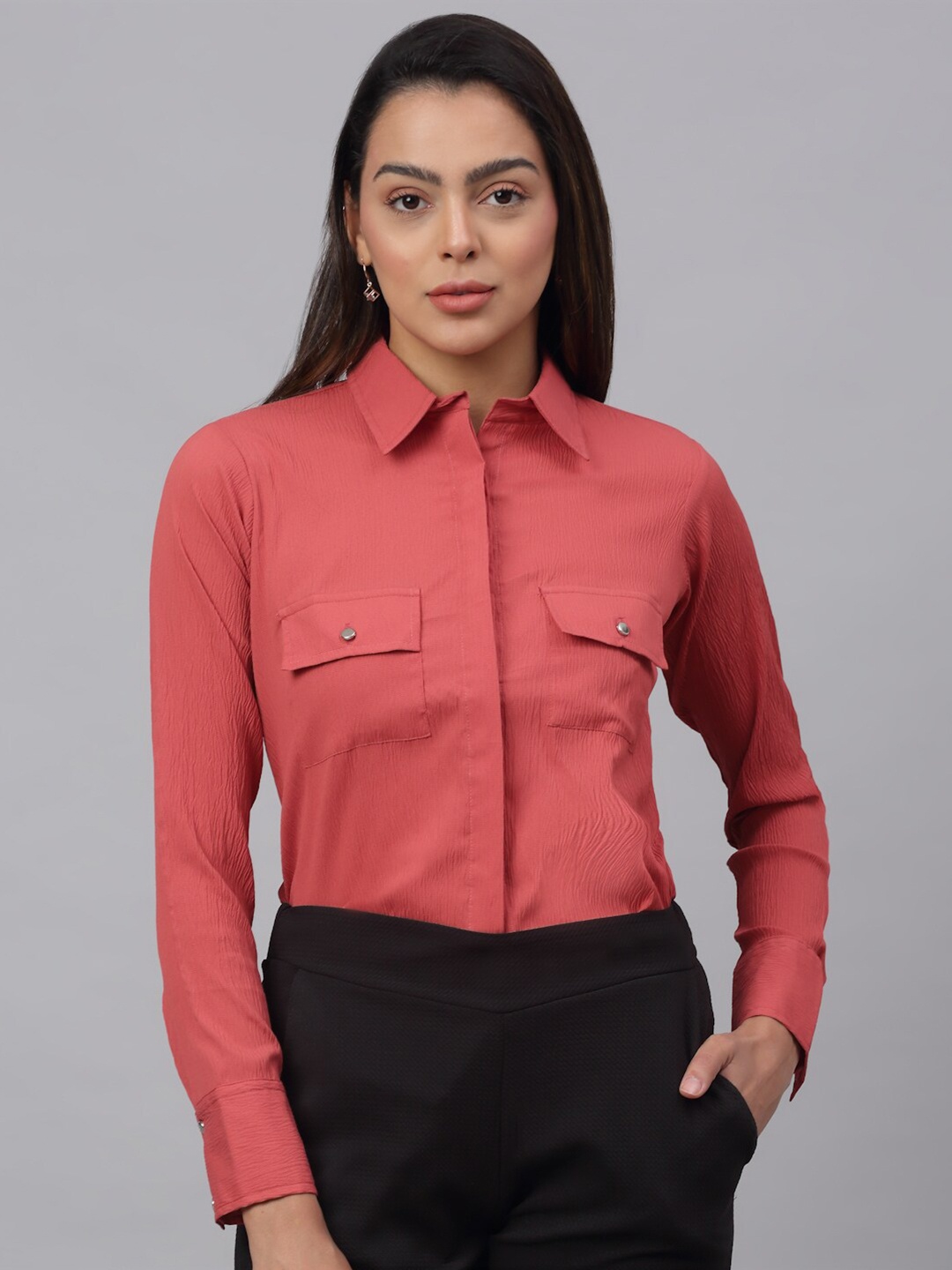 

JAINISH Women Peach-Coloured Solid Classic Casual Shirt