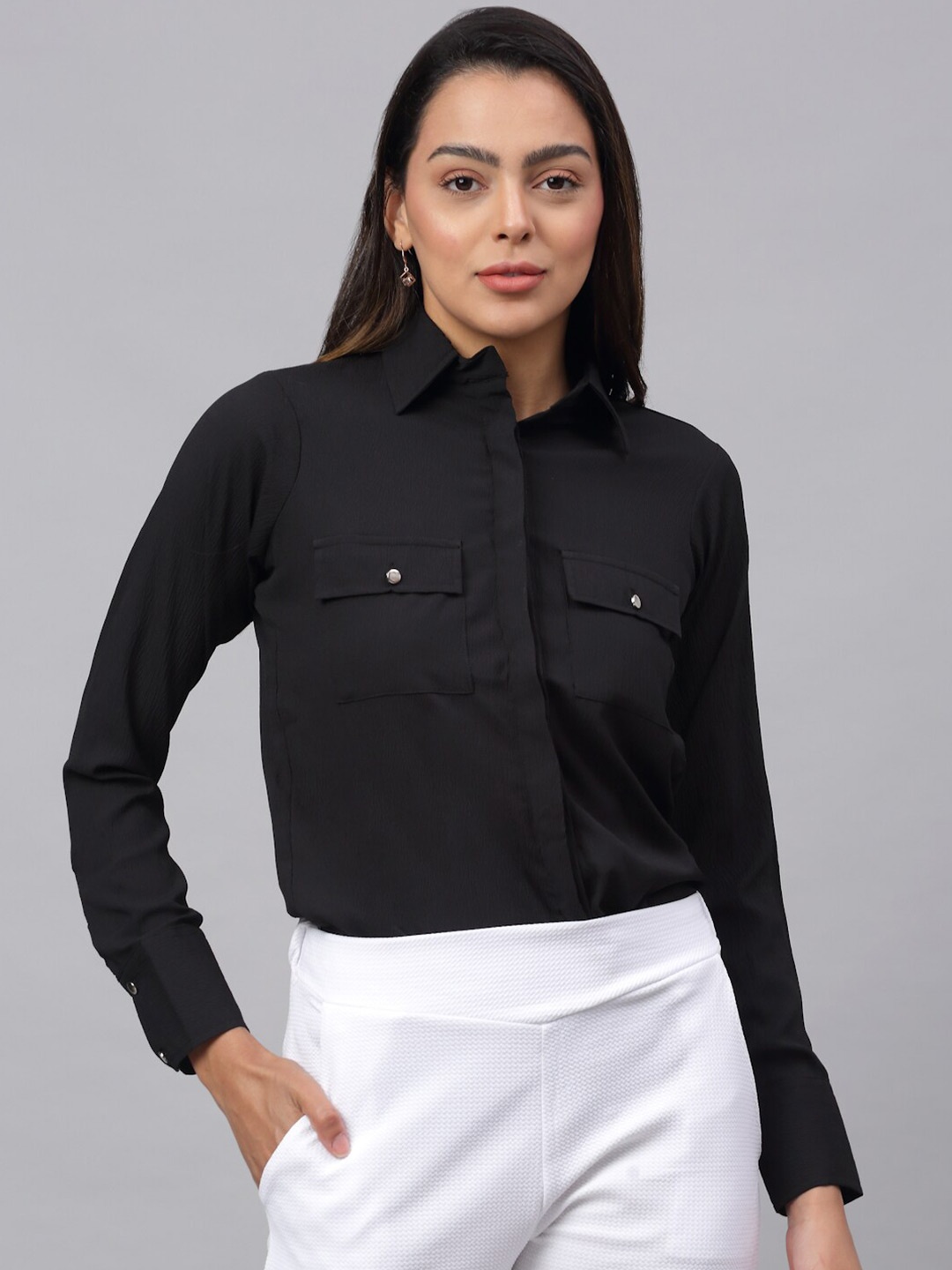 

JAINISH Women Black Solid Classic Casual Shirt