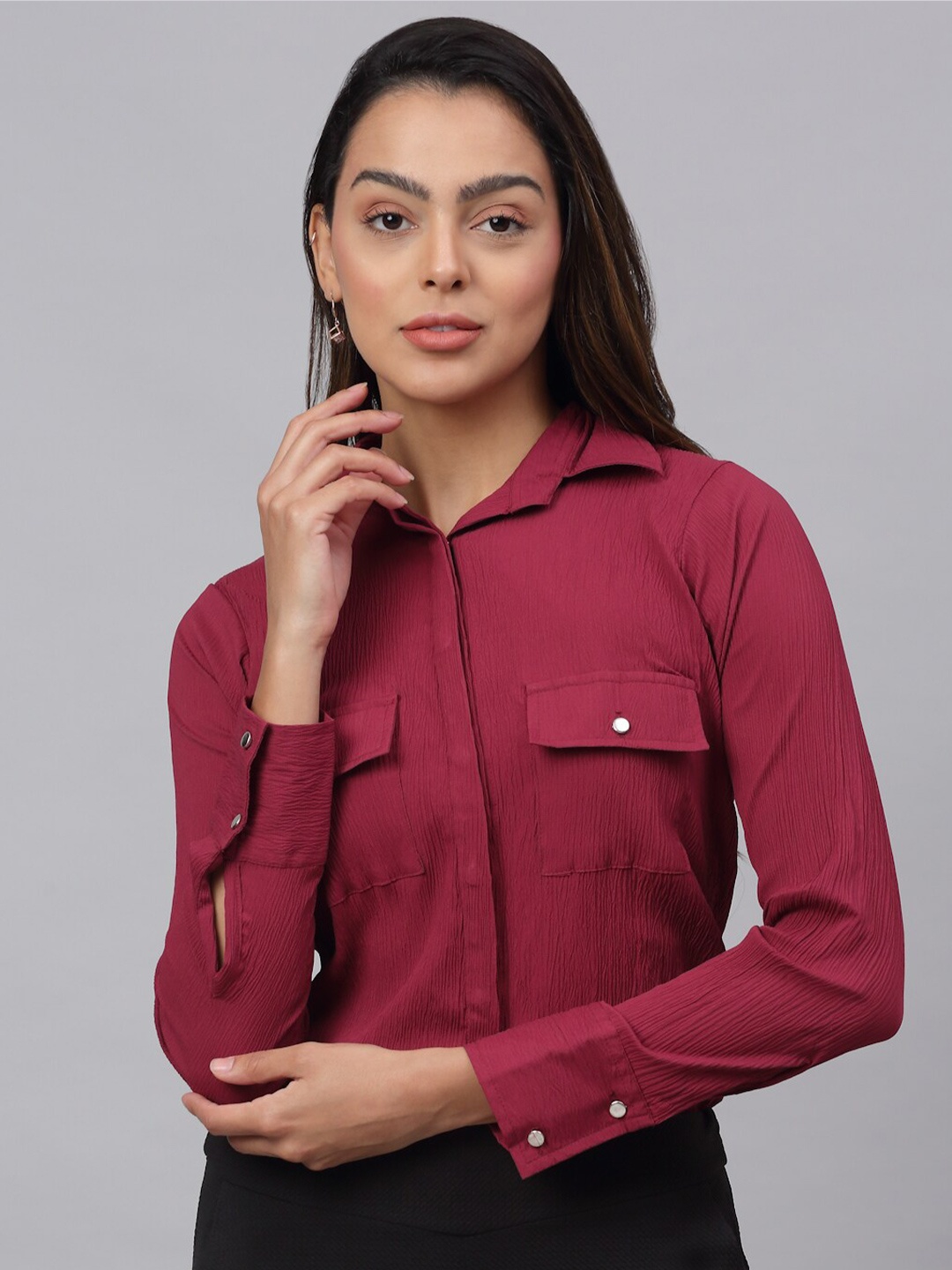 

JAINISH Women Maroon Solid Classic Casual Shirt