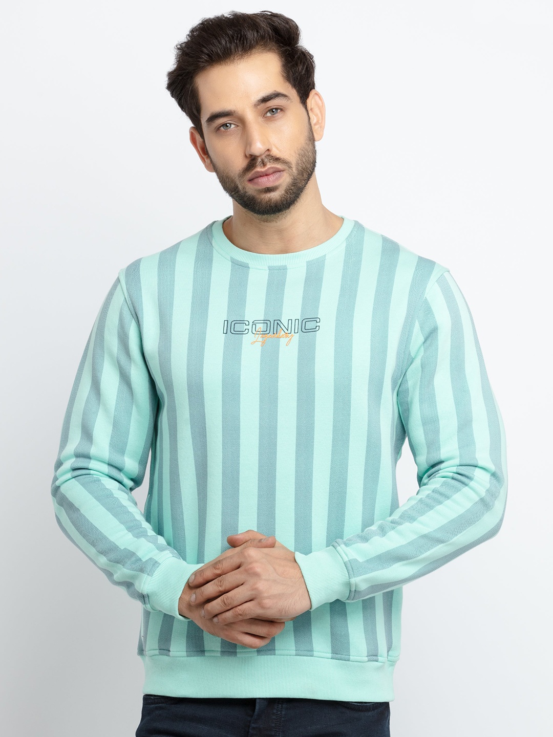 

Status Quo Men Blue Striped Cotton Sweatshirt