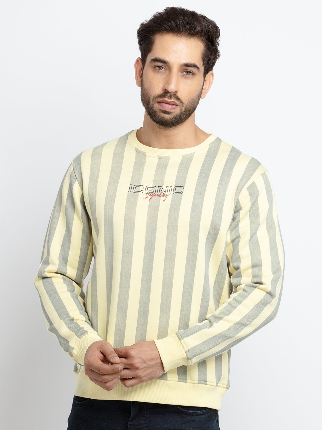 

Status Quo Men Yellow Striped Cotton Sweatshirt