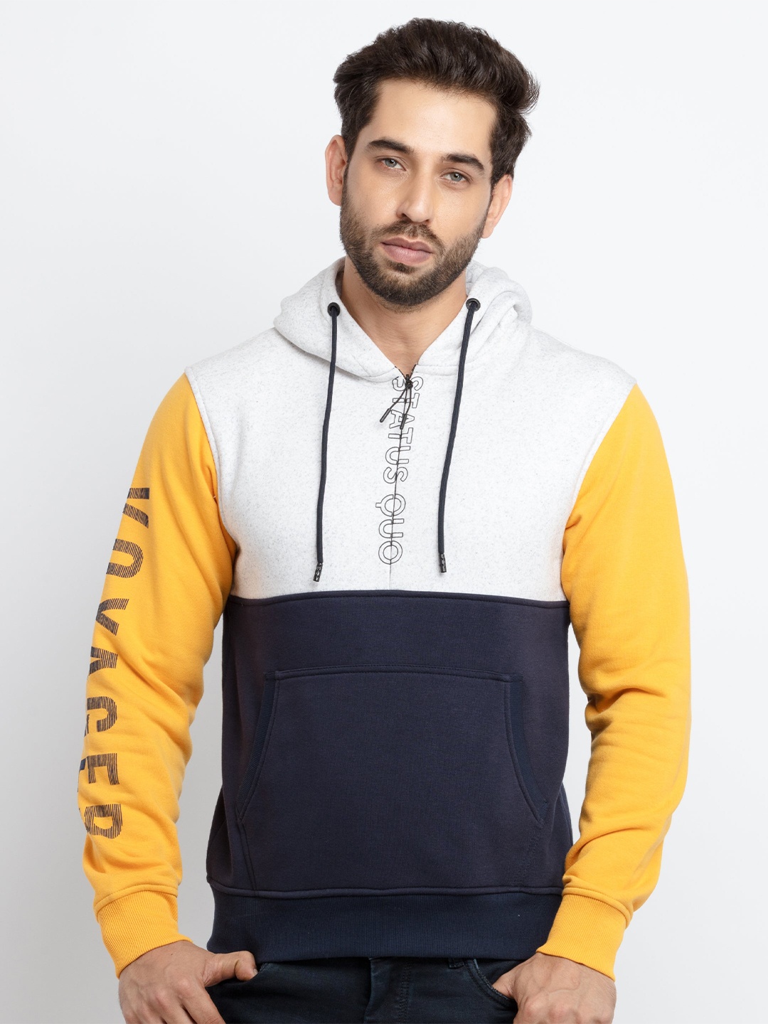 

Status Quo Men Yellow & Navy Blue Colourblocked Cotton Sweatshirt