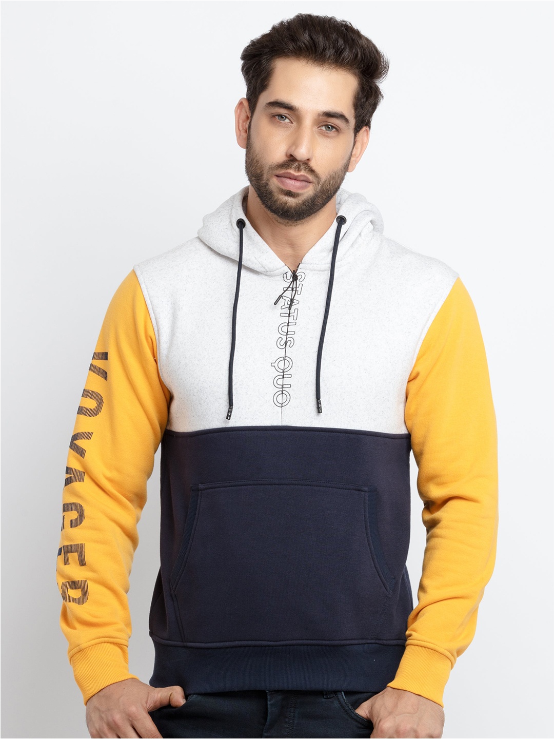 

Status Quo Men Yellow Colourblocked Cotton Sweatshirt