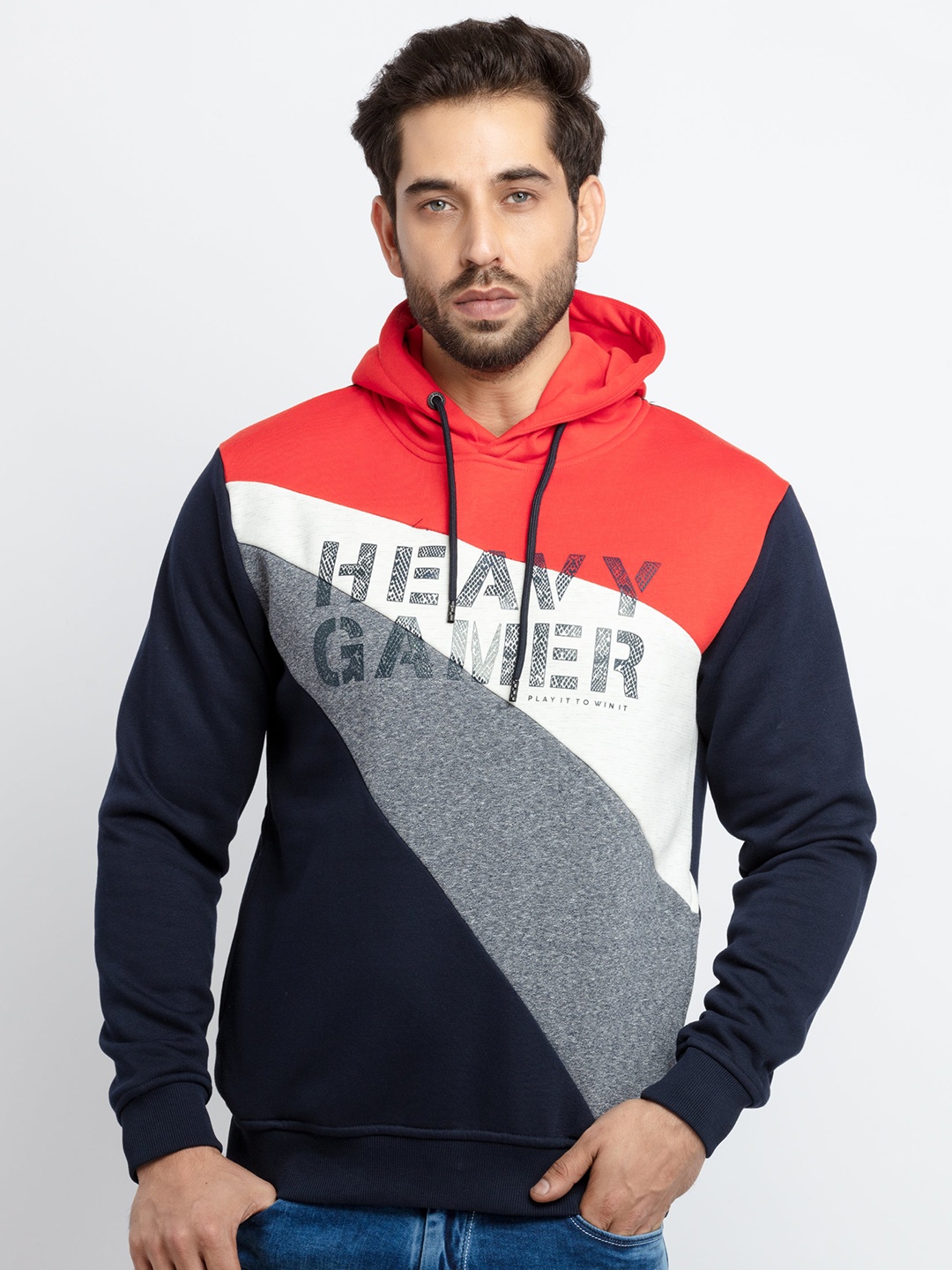 

Status Quo Men Coral Colourblocked Cotton Sweatshirt