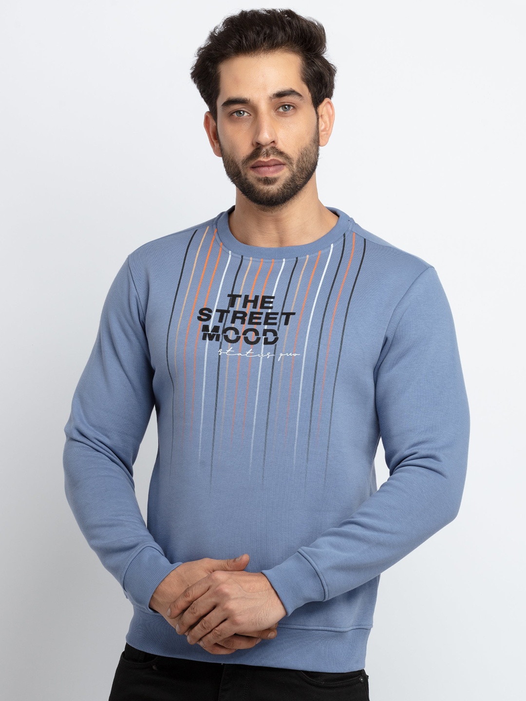 

Status Quo Men Blue Printed Cotton Sweatshirt