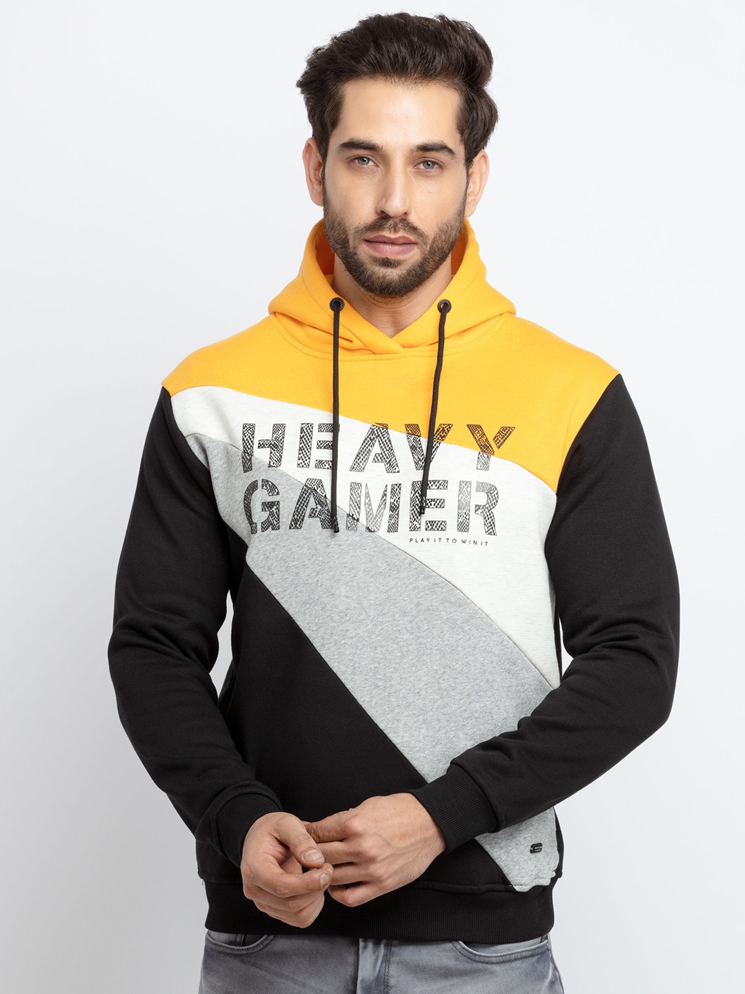 

Status Quo Men Yellow Colourblocked Cotton Sweatshirt