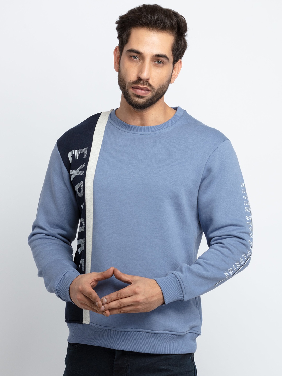 

Status Quo Men Blue Typography Printed Cotton Sweatshirt