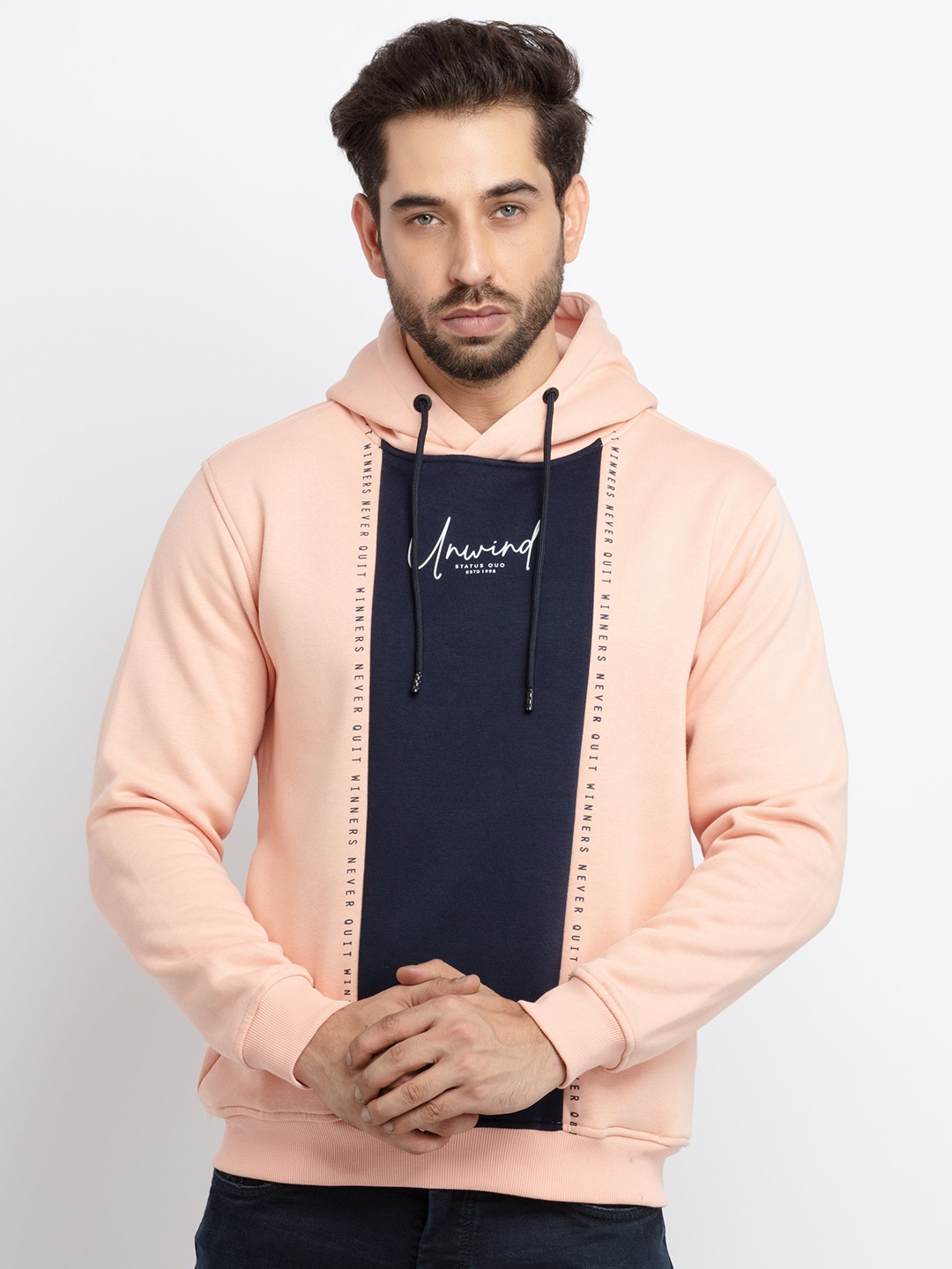 

Status Quo Men Navy Blue & Peach Colourblocked Cotton Sweatshirt