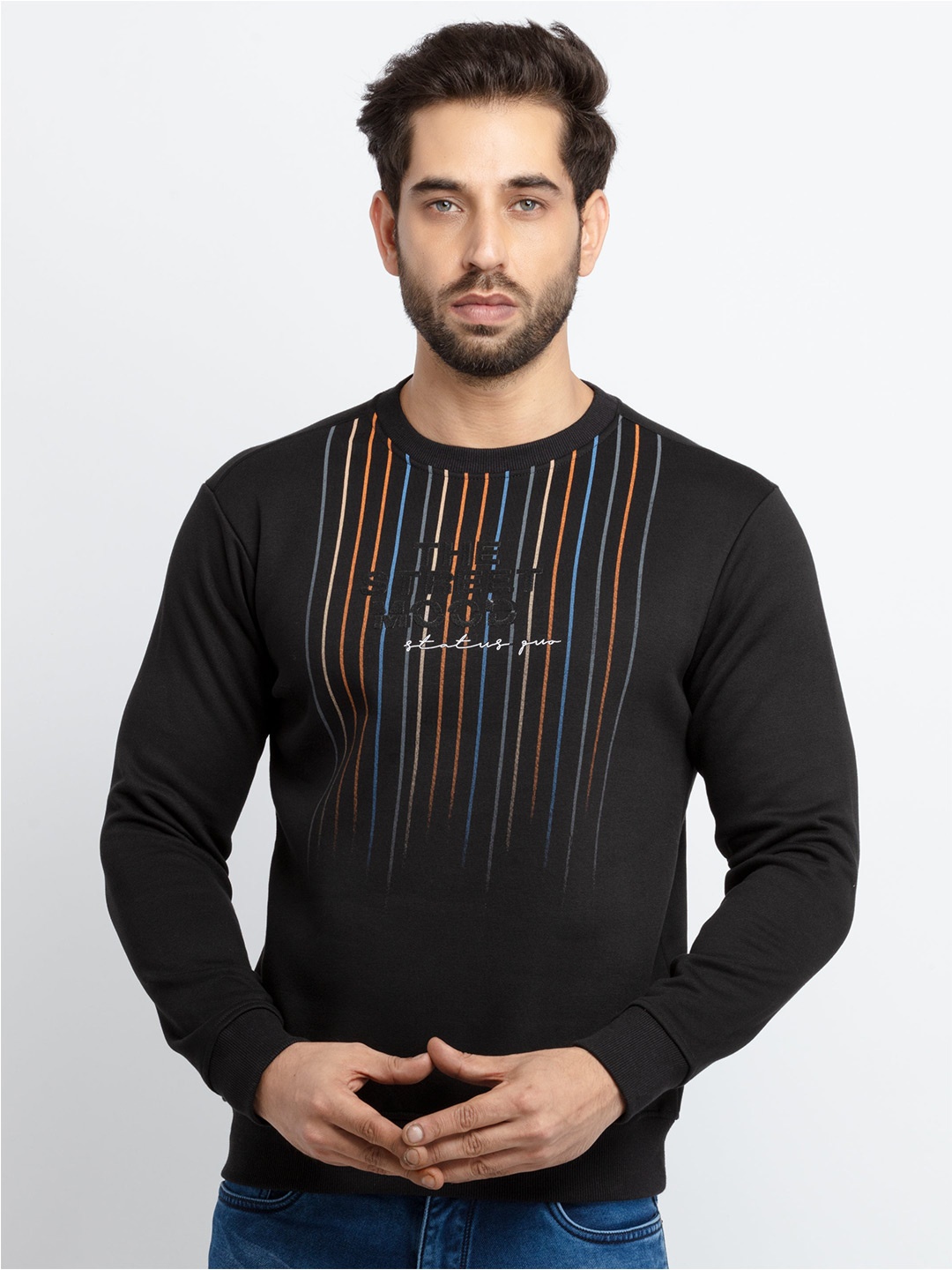 

Status Quo Men Black Striped Cotton Sweatshirt