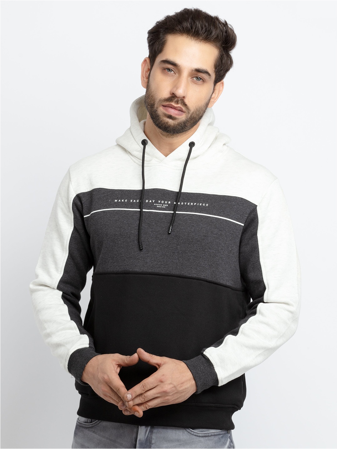 

Status Quo Men Grey & Black Colourblocked Cotton Sweatshirt