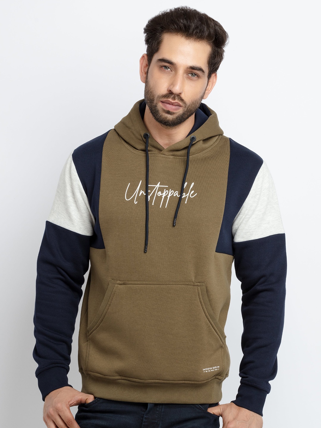 

Status Quo Men Olive Green Colourblocked Cotton Sweatshirt
